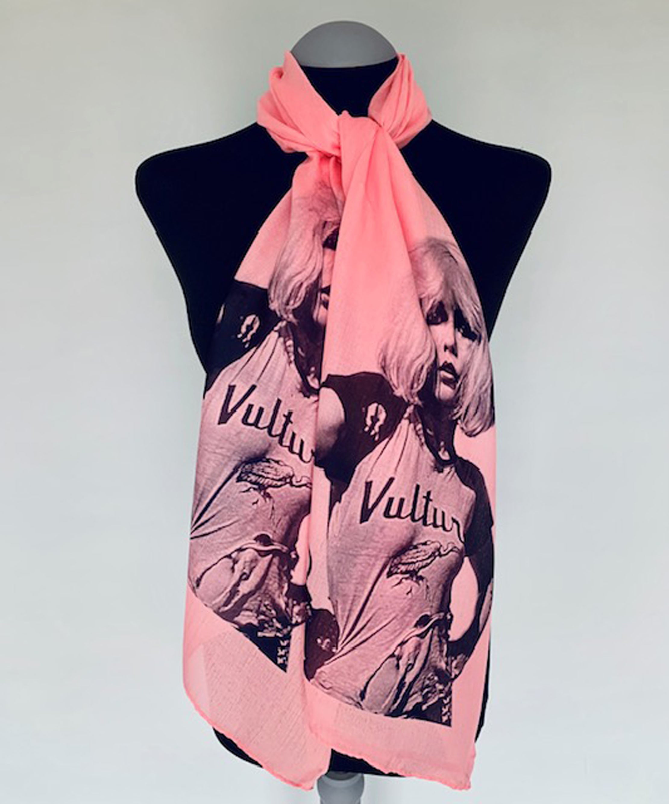 Wearable pink art scarf with vintage pop punk Blondie Debbie Harry print