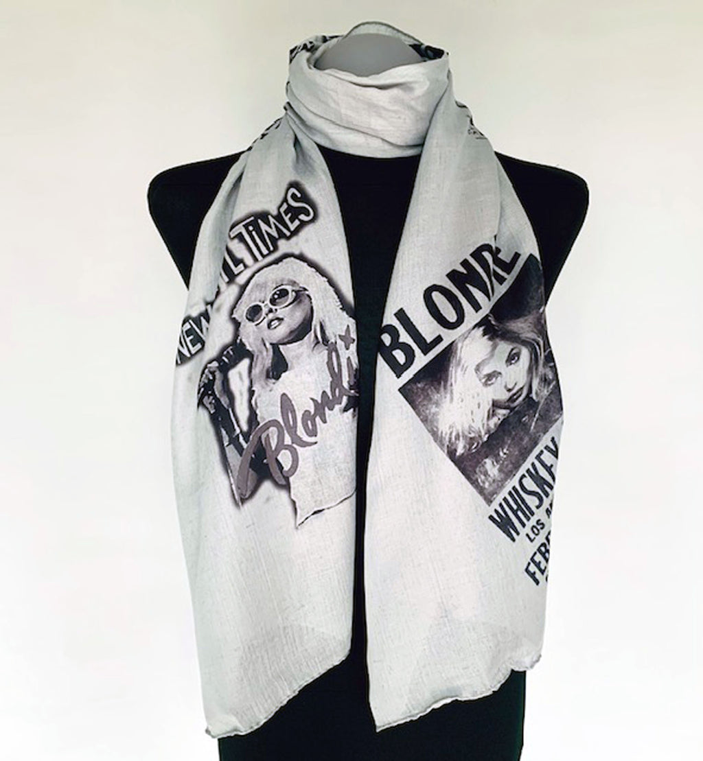 Wearable art scarf with vintage Bondie debbie harry poster print