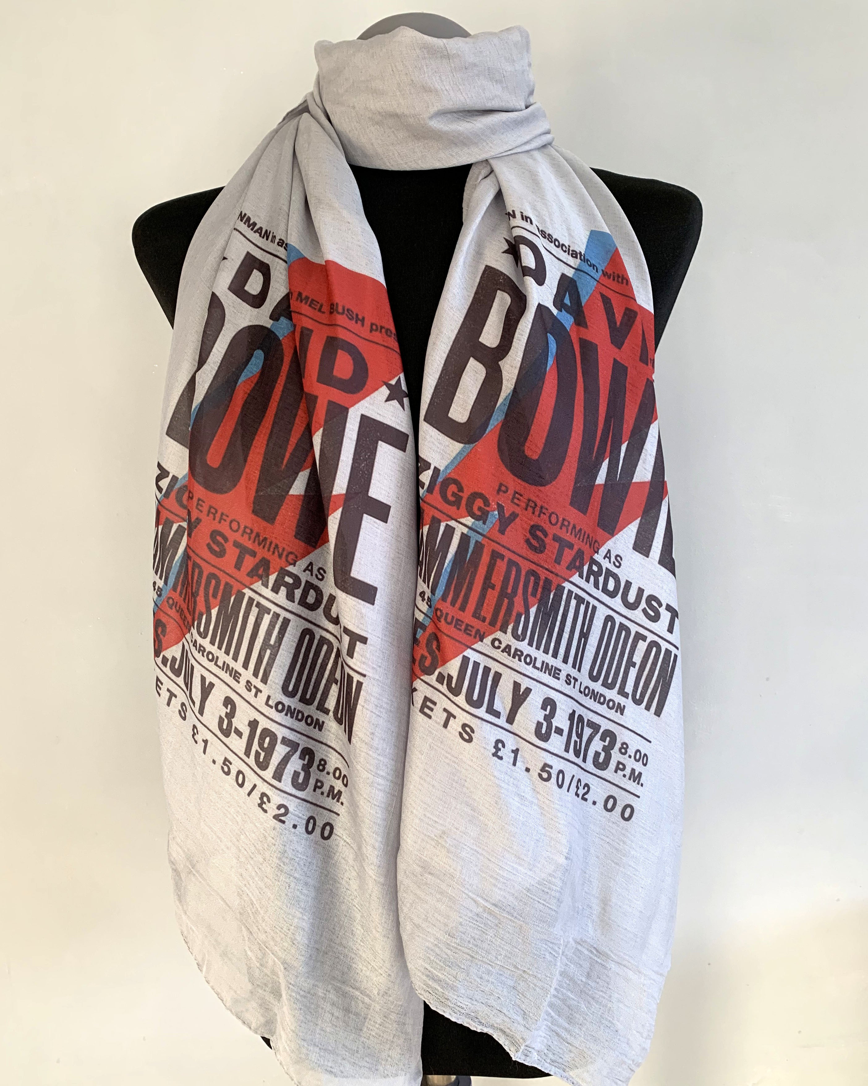 David Bowie Inspired Scarf – Vintage Bowie Style Long Scarf with Red, Black and Blue Band Print