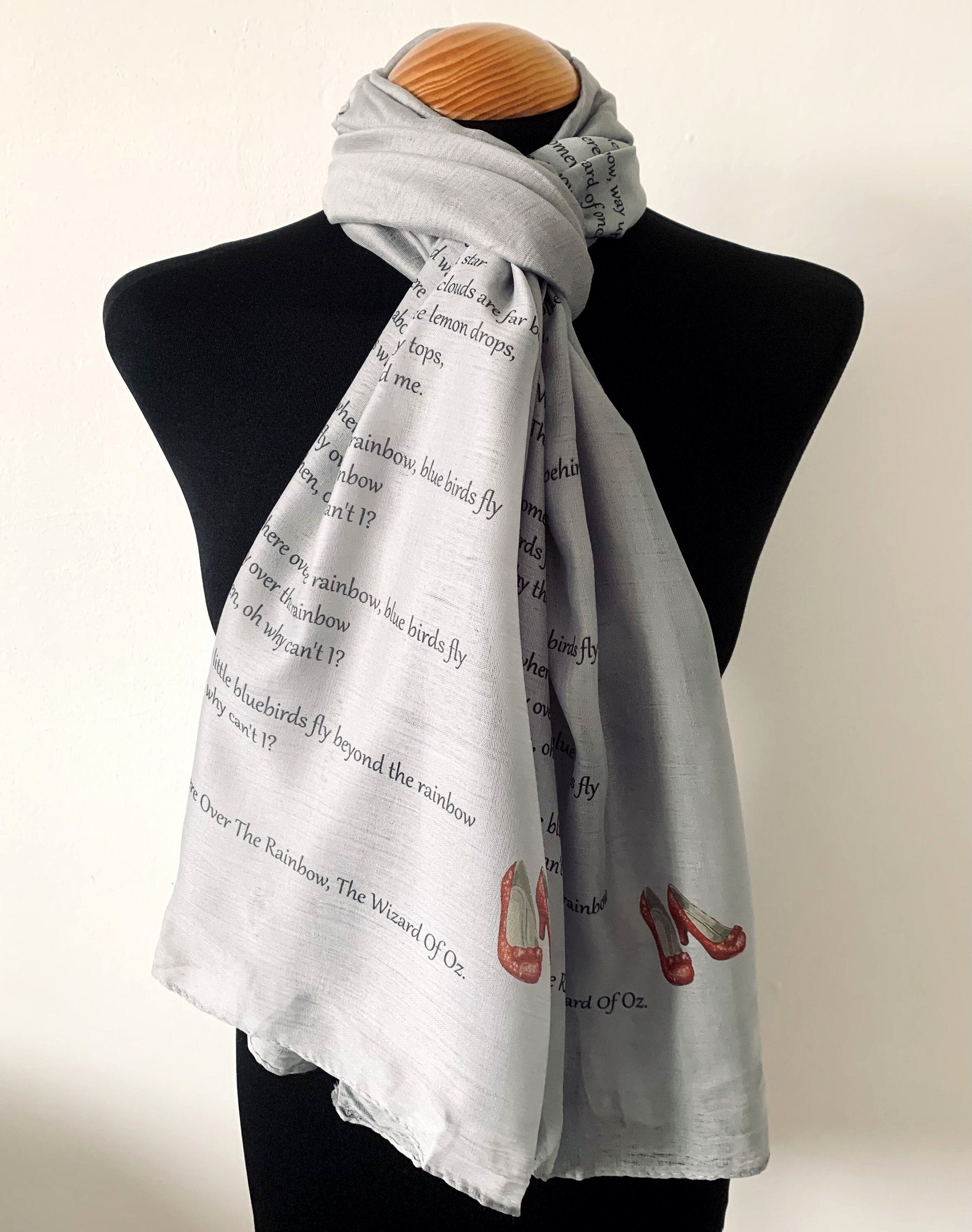 Wizard of Oz Inspired Scarf – Grey Long Scarf with 'Over the Rainbow'  Print