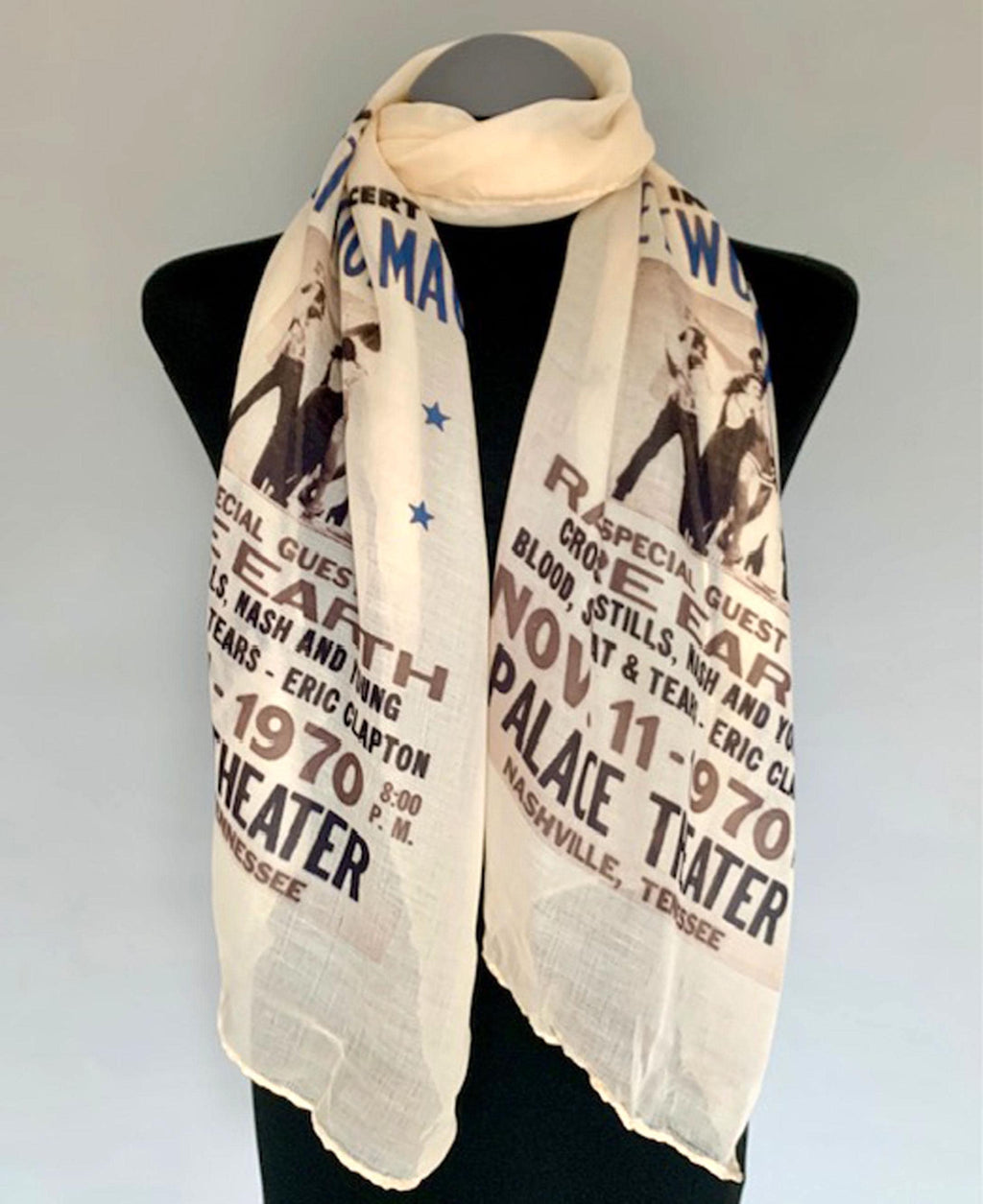 Fleetwood Mac Inspired Scarf – Boho Style Long Scarf with Black and Blue Band Print