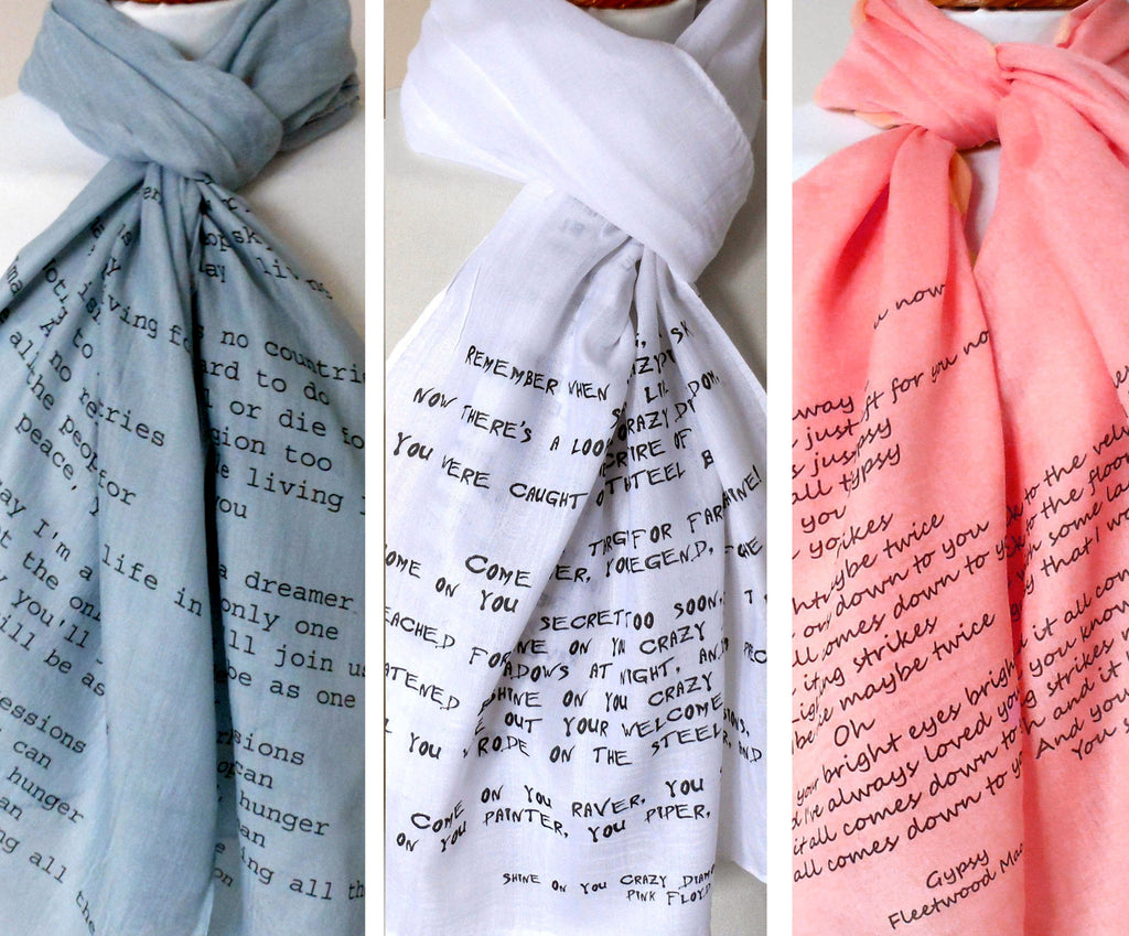 Wearable art scarves with your choice of custom song printed on. Various color options available