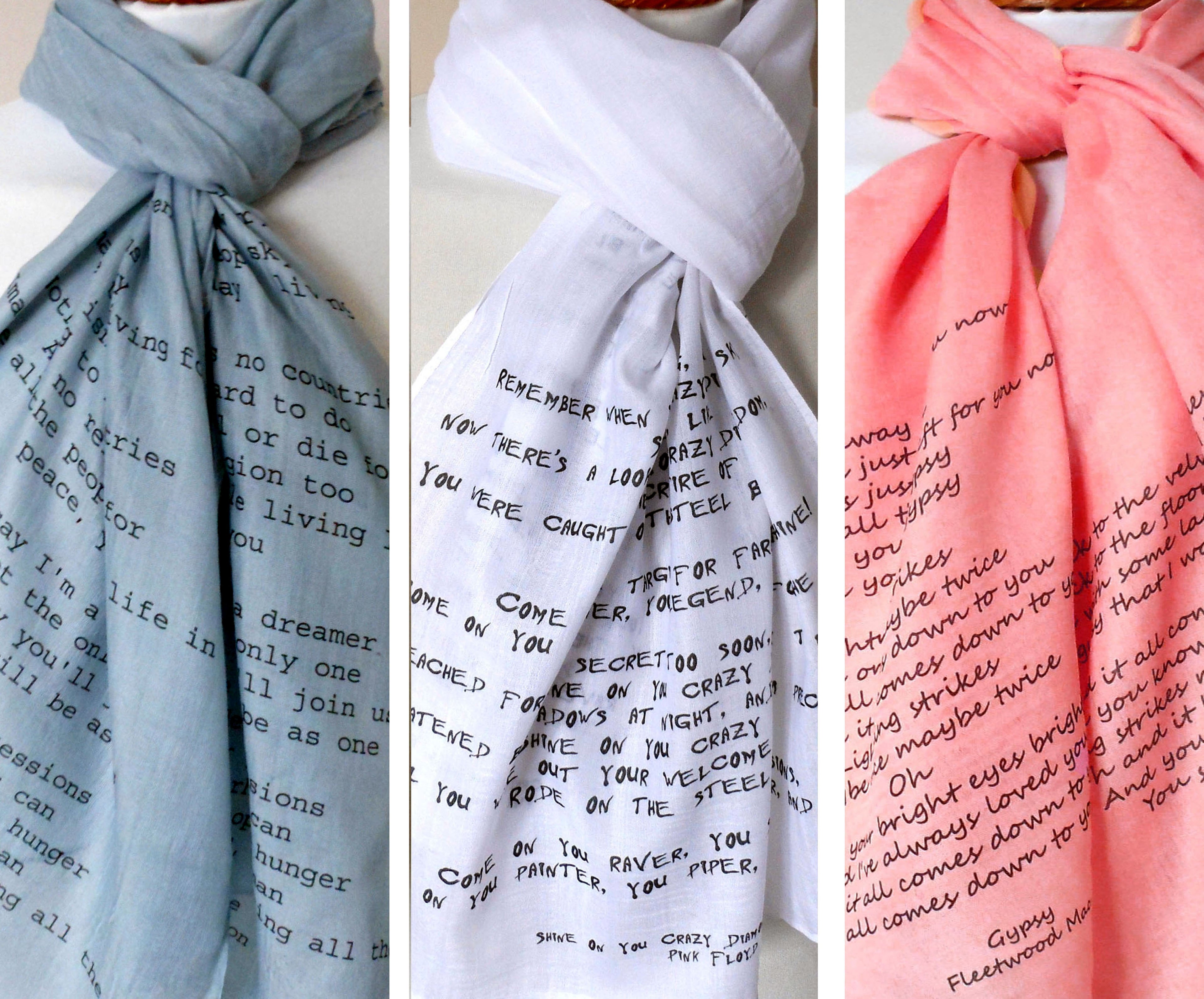 Wearable art scarves with your choice of custom song printed on. Various color options available