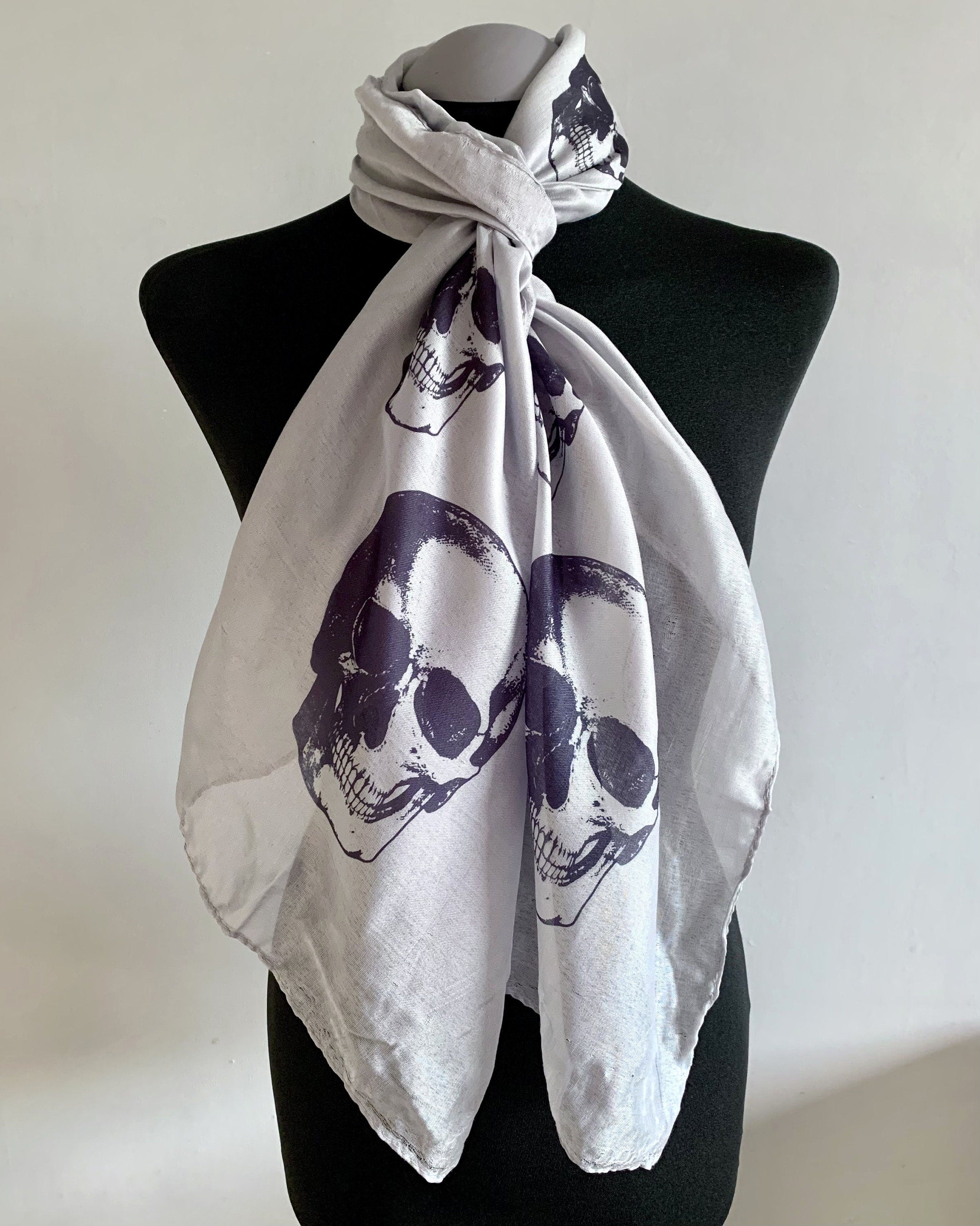 Grey Skull Scarf – Long Gothic Punk Wrap with Black Skull Print – Alternative Fashion Accessory