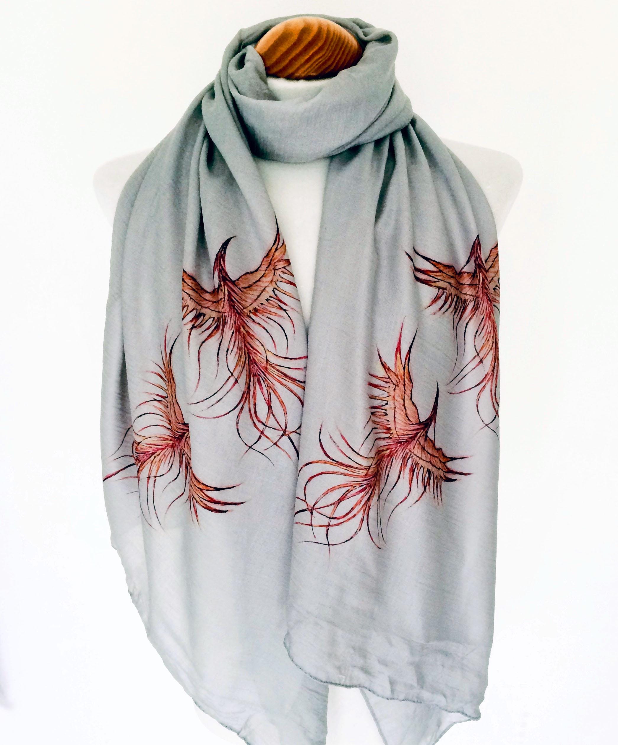 Red Phoenix Scarf – Mystical Rebirth Bird Print on Grey Long Scarf, Mythical Scarf