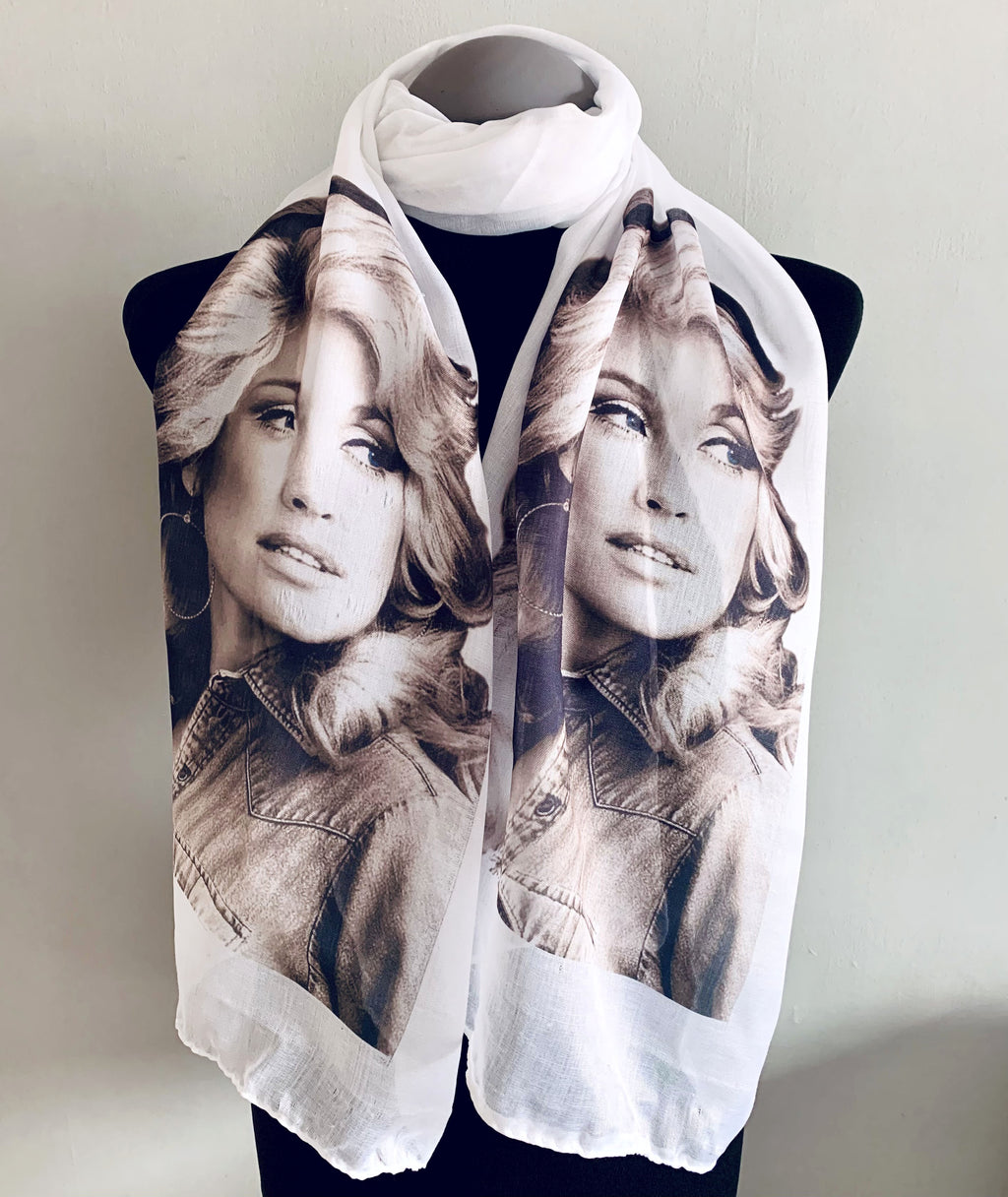 long white scarf with vintage dolly parton portrait black and white print