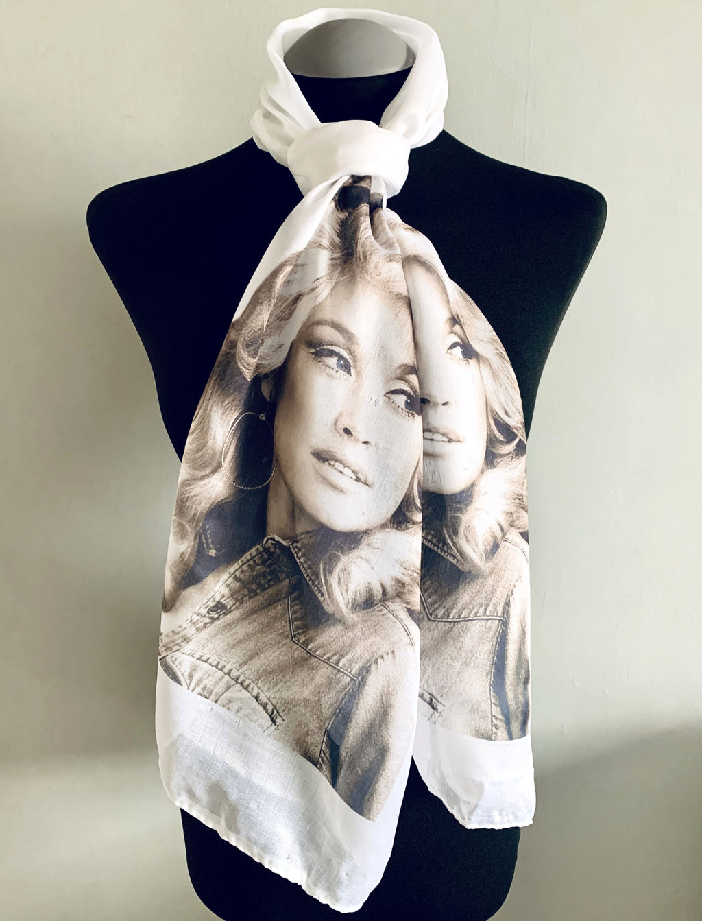 Dolly Parton Inspired Scarf – 1970s Country Music Print on White Lightweight Scarf.