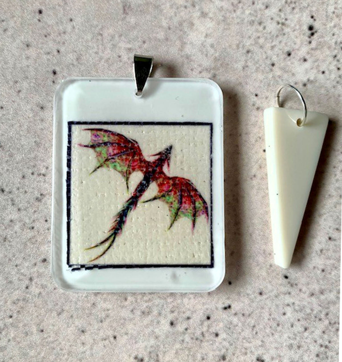 Dragon Resin Pendant Necklace. Mixed Media Art Jewellery. Stainless Steel Chain. Ivory Drop Pendant. Dragon Fans Gift.