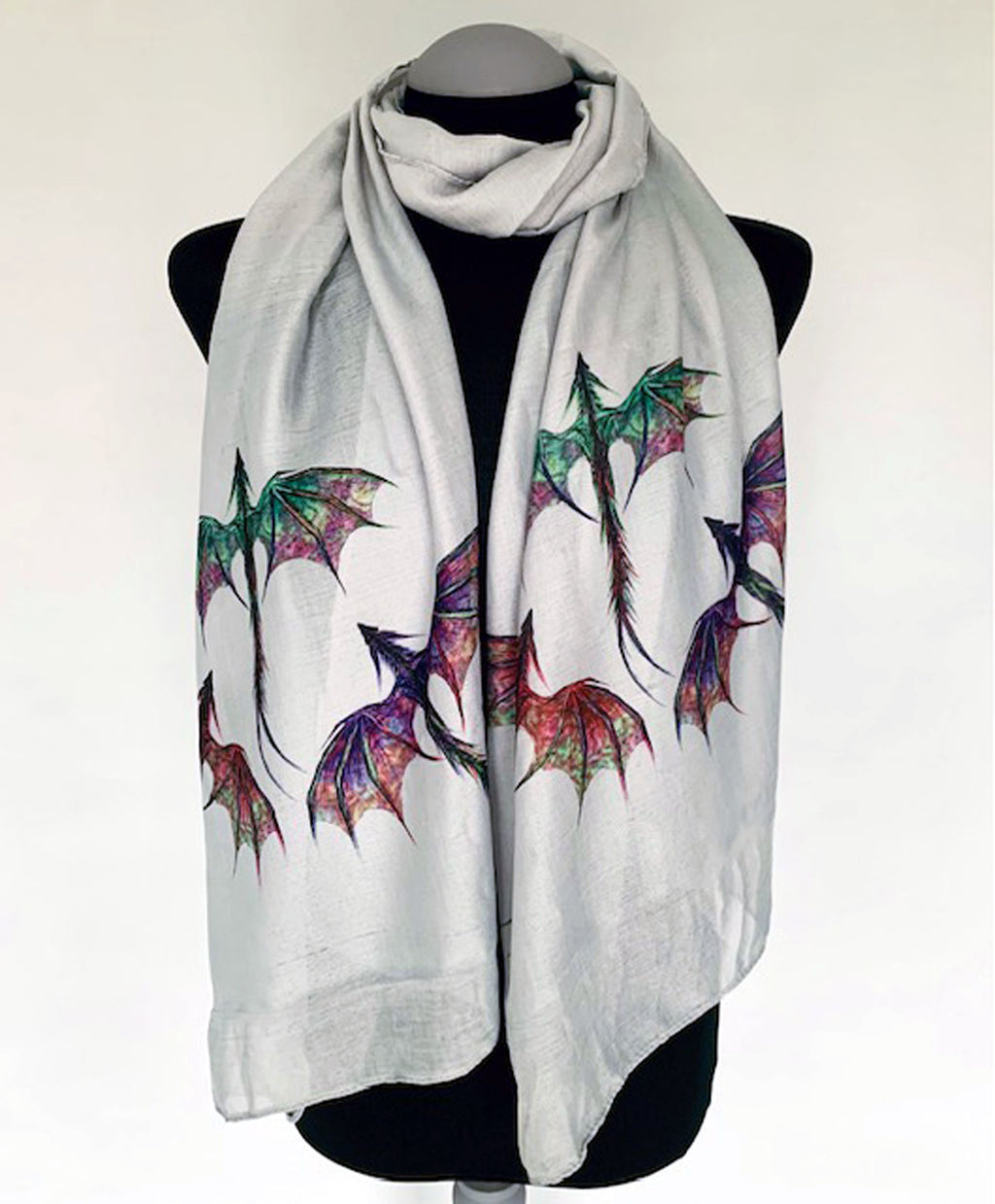 Wearable art scarf with colorful dragons print
