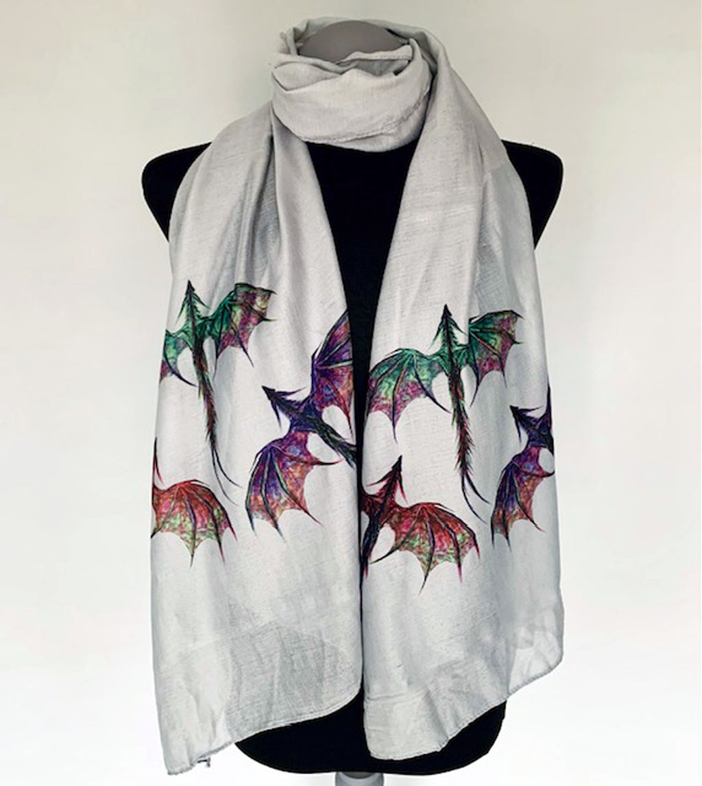 Dragon Scarf – Colorful Mythical Dragons Print on Lightweight Grey Scarf