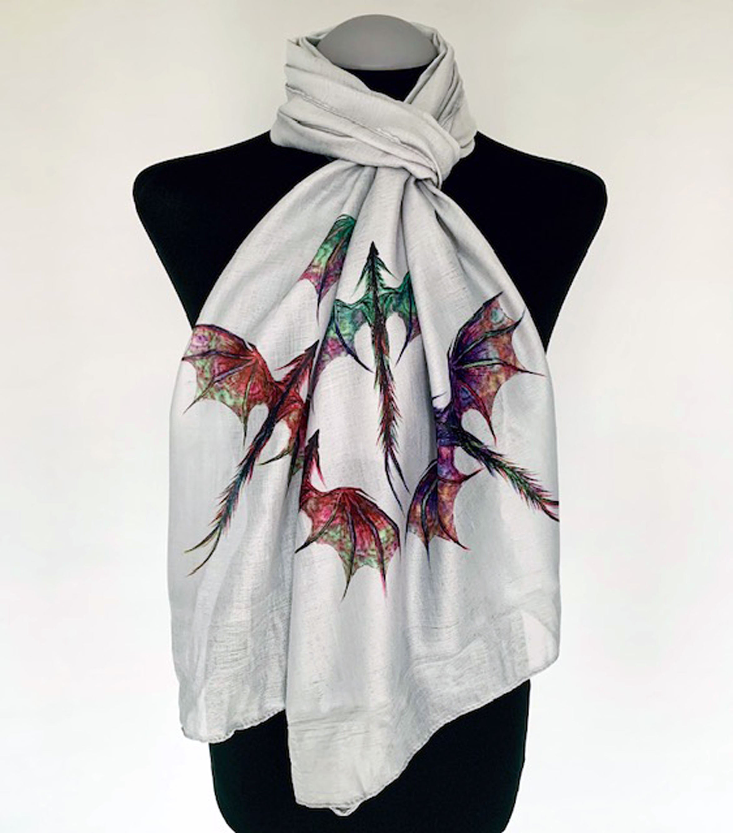 Dragon Scarf – Colorful Mythical Dragons Print on Lightweight Grey Scarf