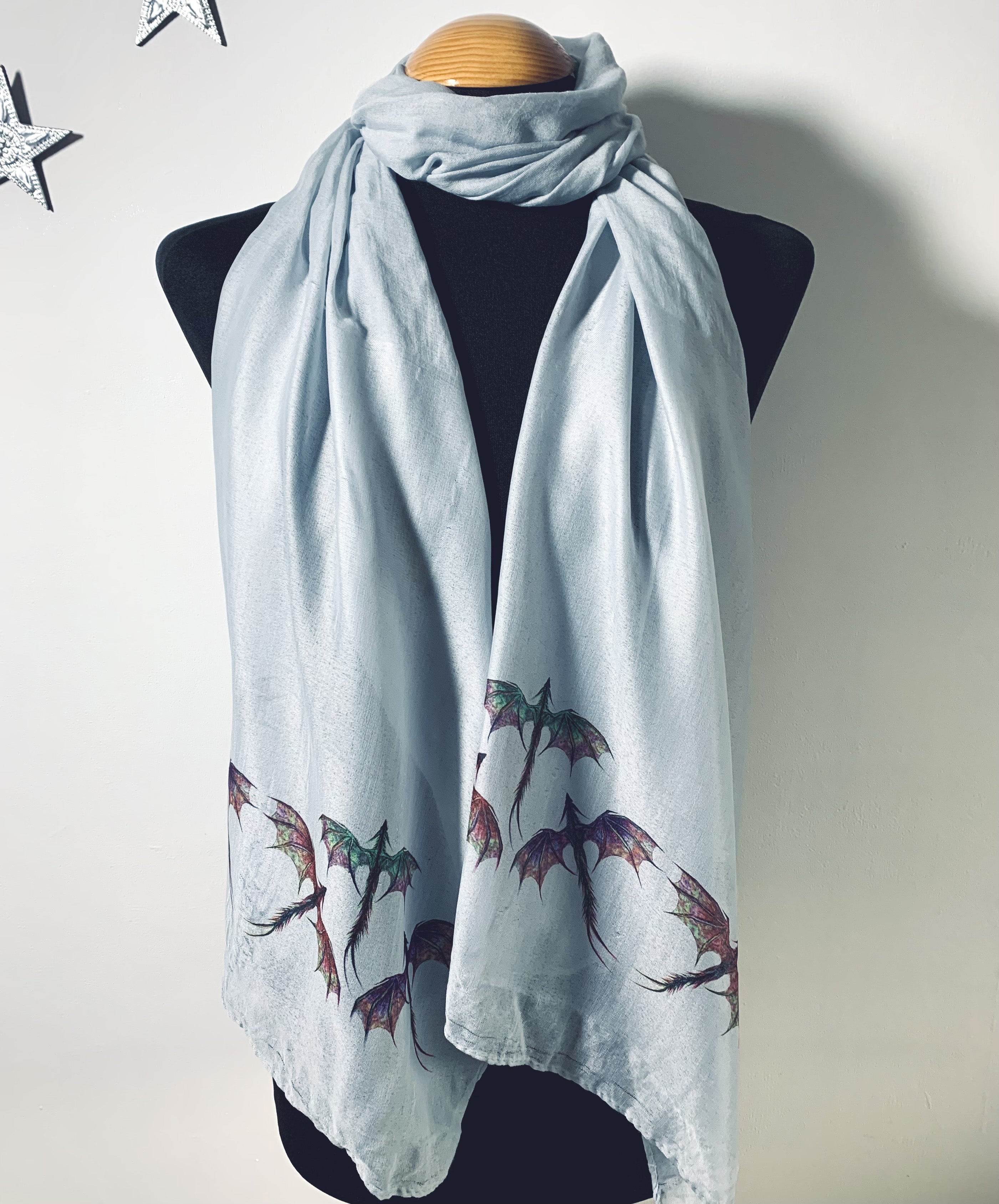 Dragon Scarf – Delicate Mythical Dragons Print on Grey Lightweight Scarf