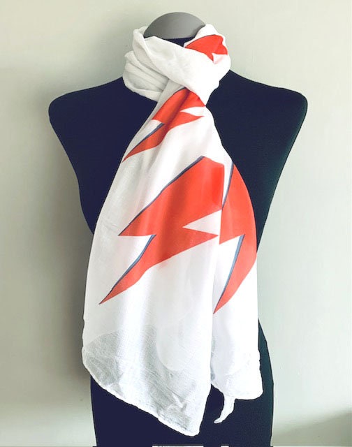 Ziggy Stardust Inspired Scarf – White Long Scarf with David Bowie inspired Red Bolts Print