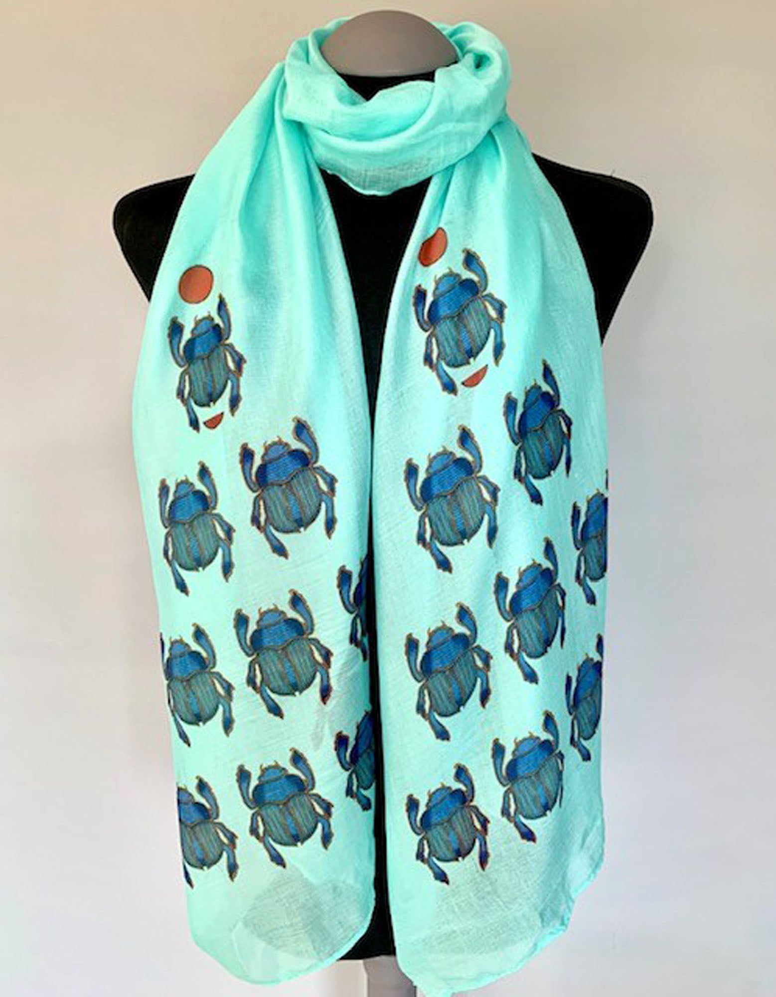 Egyptian Scarab Scarf – Blue Scarab Beetle Print on Lightweight Aqua Scarf