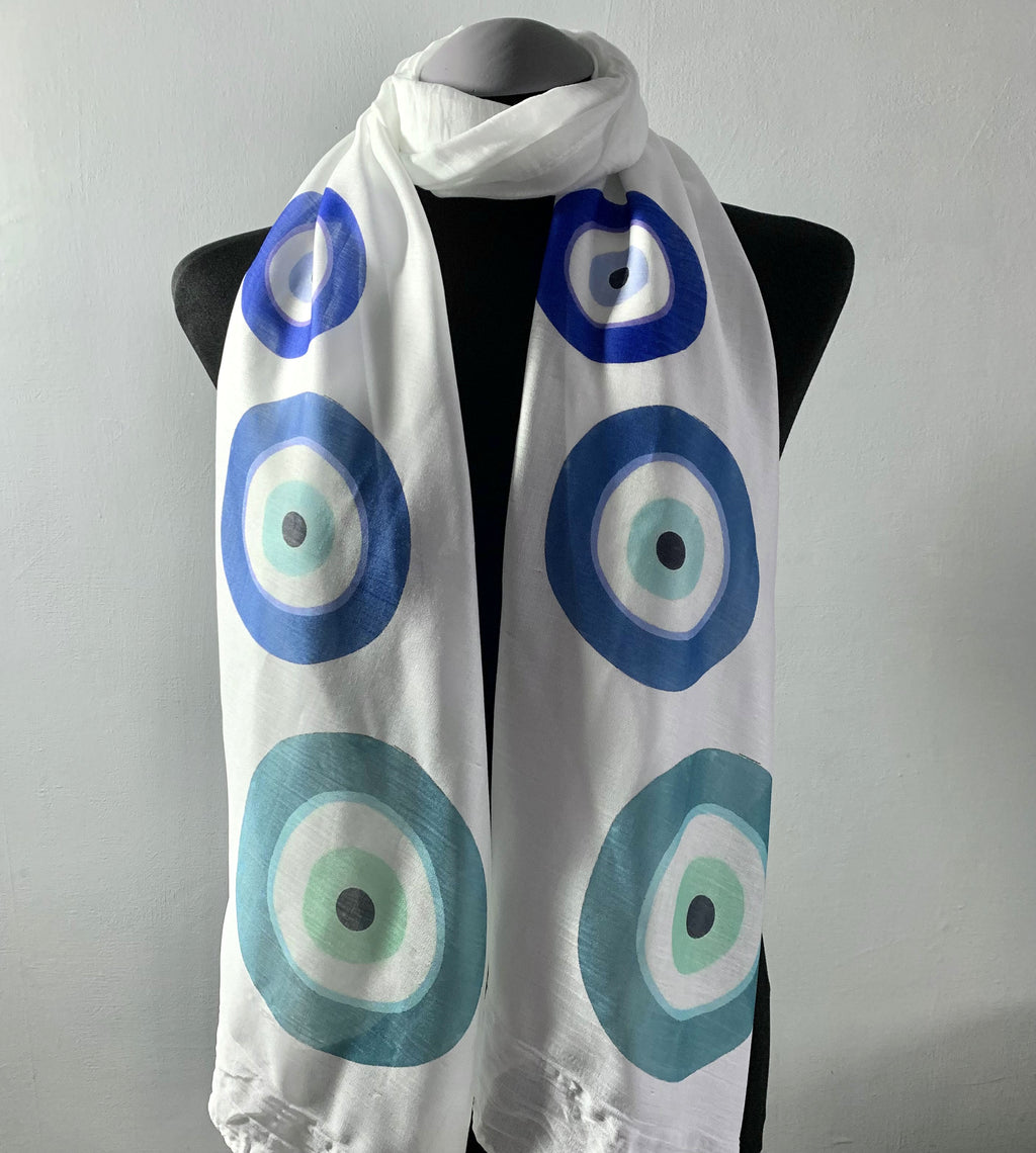 Evil Eye Scarf – Spiritual Evil Eye Print on White Lightweight Scarf .