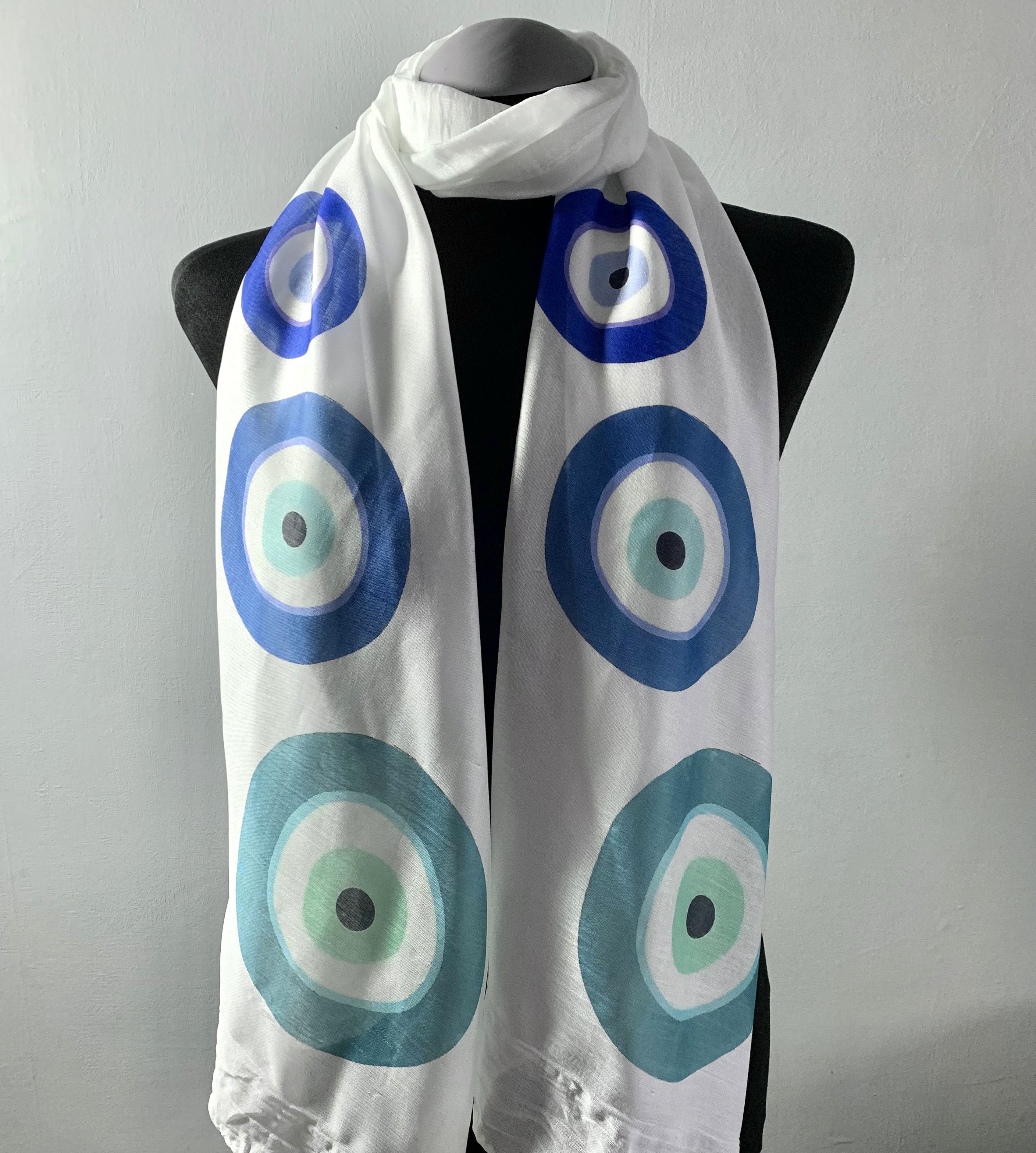 Evil Eye Scarf – Spiritual Evil Eye Print on White Lightweight Scarf .