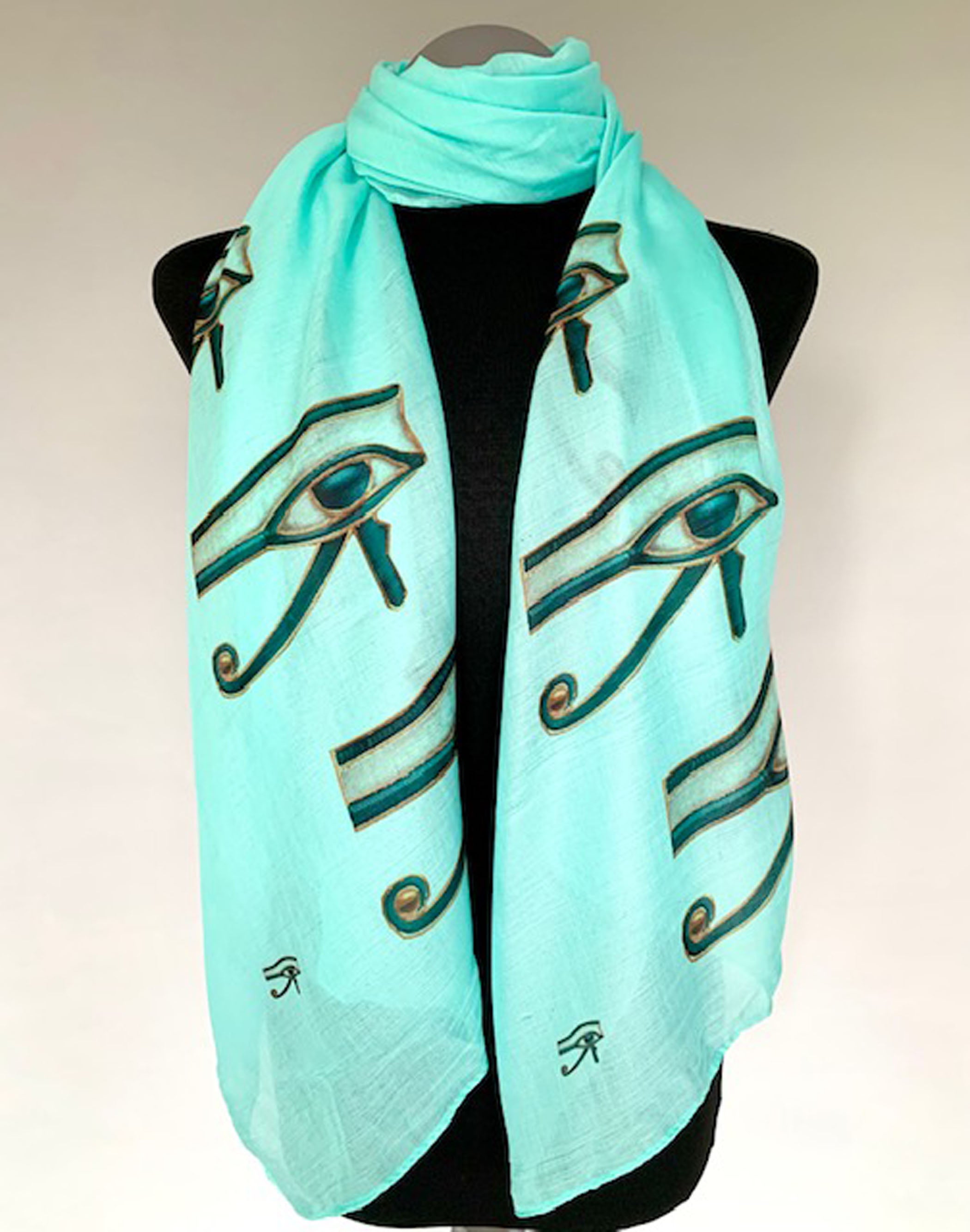 Wearable aqua art scarf featuring eye of horus print