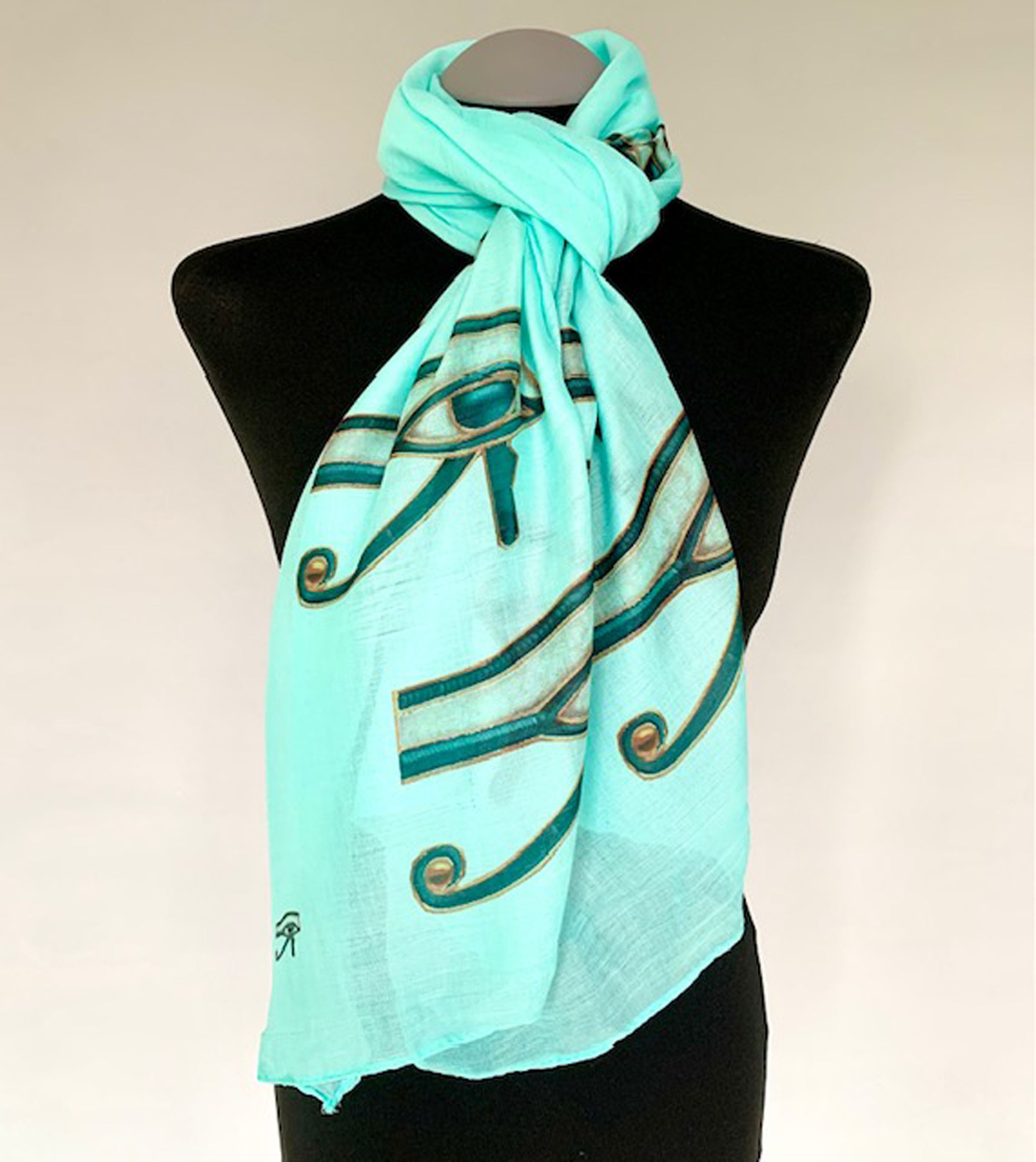 Egyptian Eye of Horus Scarf – Spiritual Eye of Horus Print on Aqua Lightweight Scarf