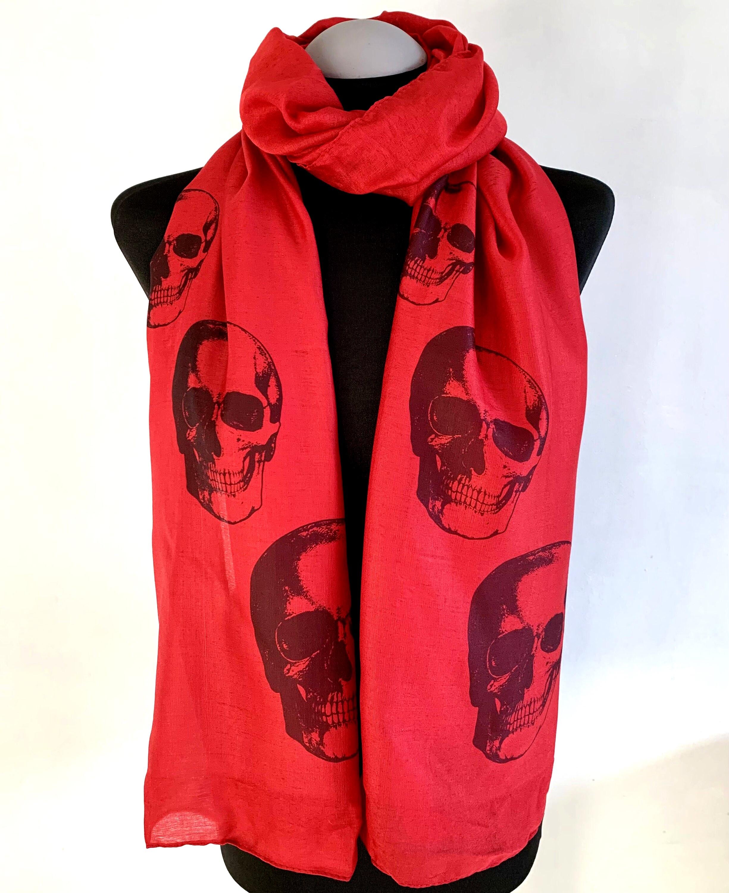 Red Skull Scarf – Long Gothic Punk Wrap with Black Skull Print – Alternative Fashion Accessory