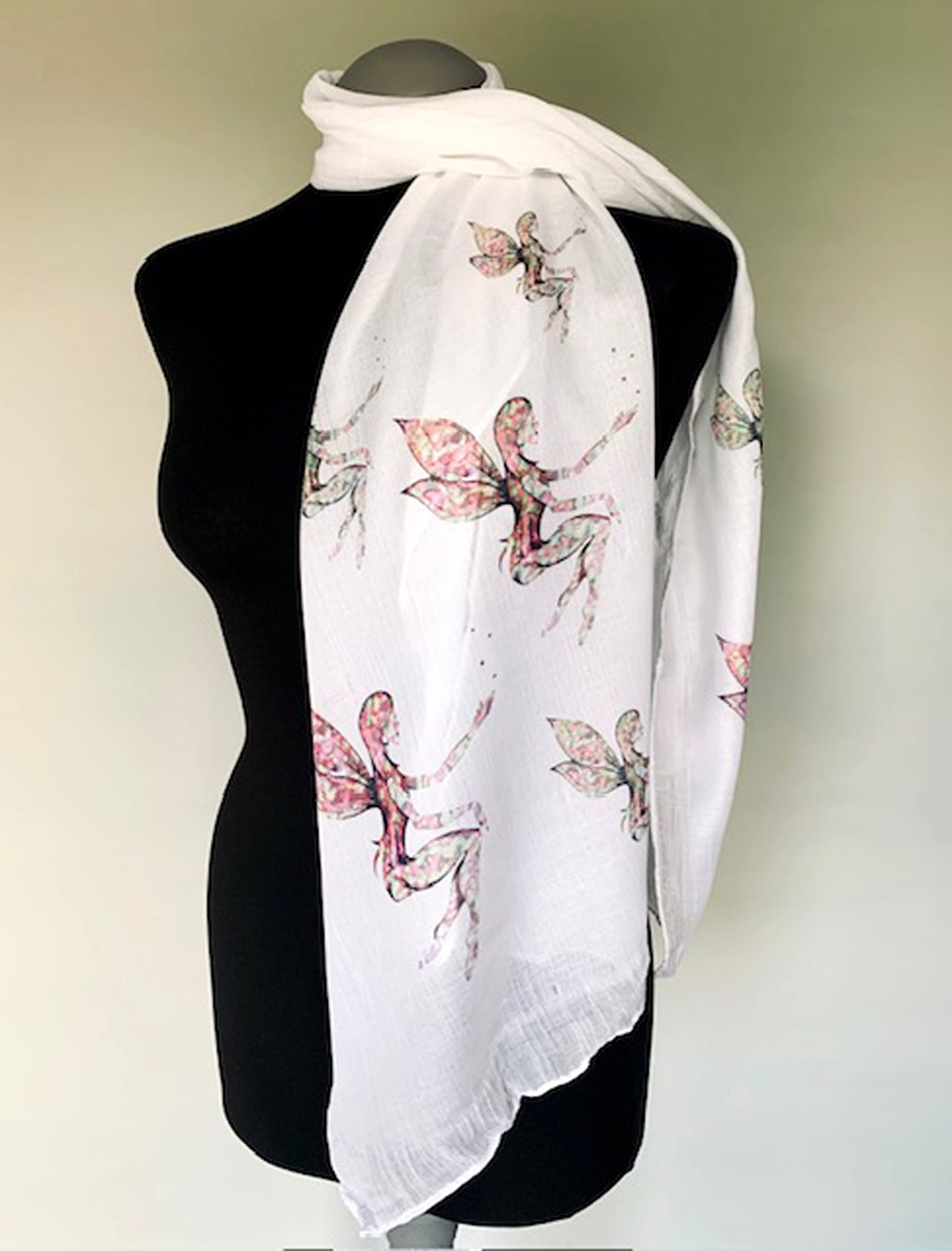 Fairies Scarf – Magical Fairies Print on White Lightweight Scarf