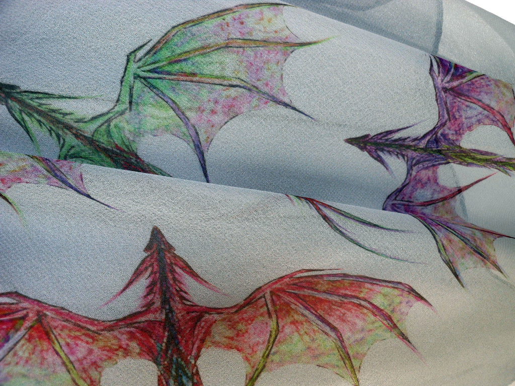 Dragon Scarf – Long Grey Scarf with Colorful Mythical Dragon Print - Fantasy scarf