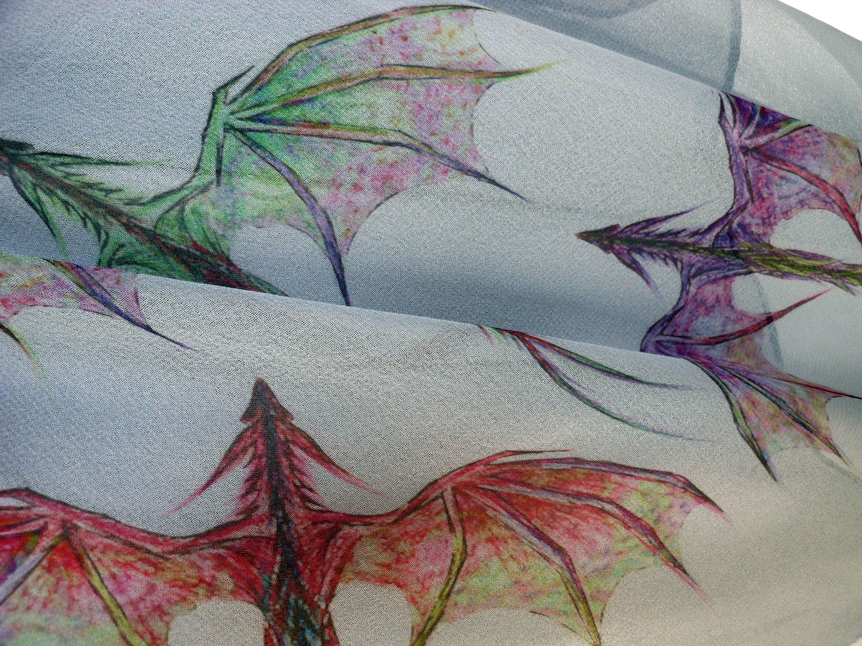 Dragon Scarf – Long Grey Scarf with Colorful Mythical Dragon Print - Fantasy scarf