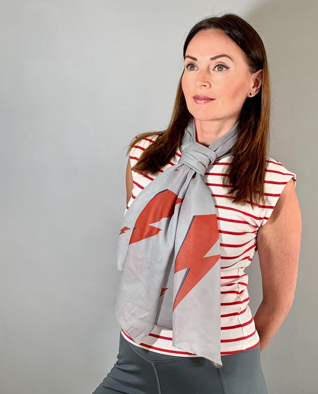 Ziggy Stardust Inspired Scarf – Grey Long Scarf with David Bowie inspired Red Bolts Print