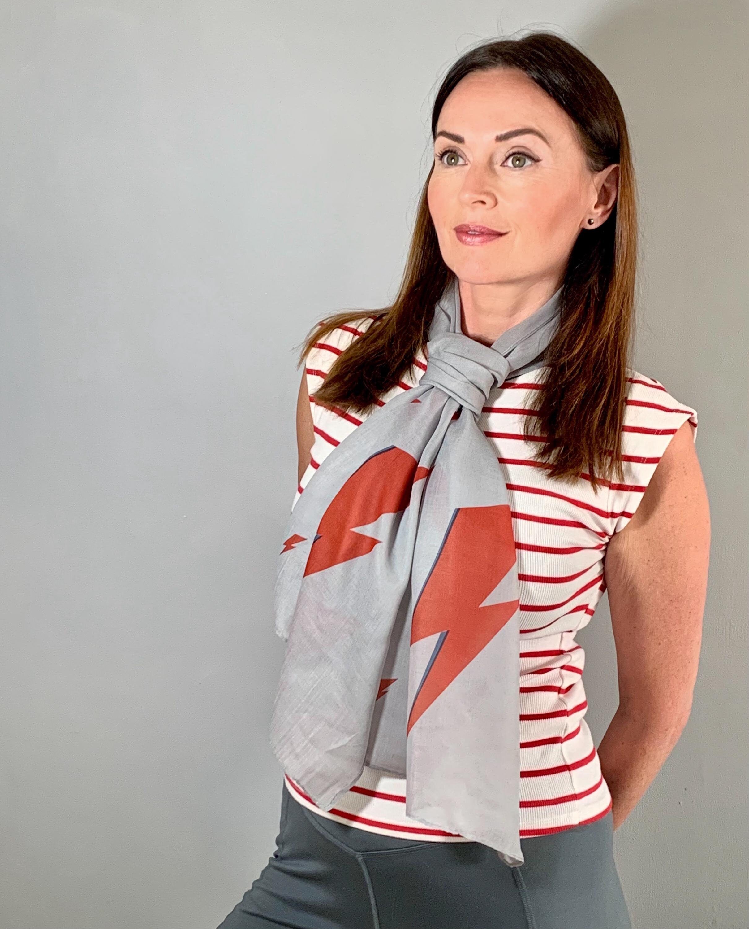 Ziggy Stardust Inspired Scarf – Grey Long Scarf with David Bowie inspired Red Bolts Print