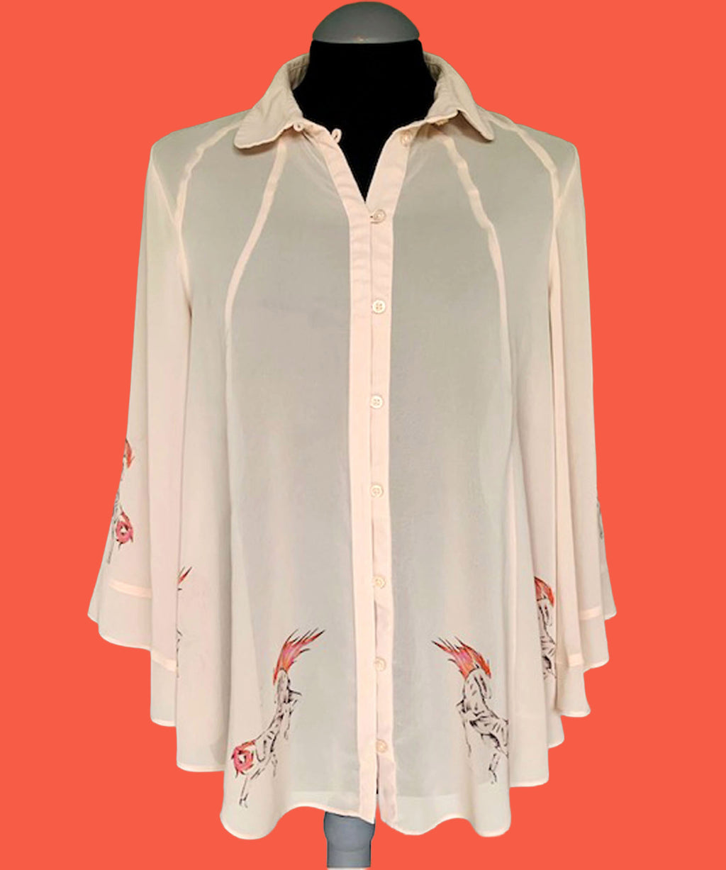 Reworked Fire Horse Chiffon Art Blouse. One-of-a-Kind Upcycled Preloved Top