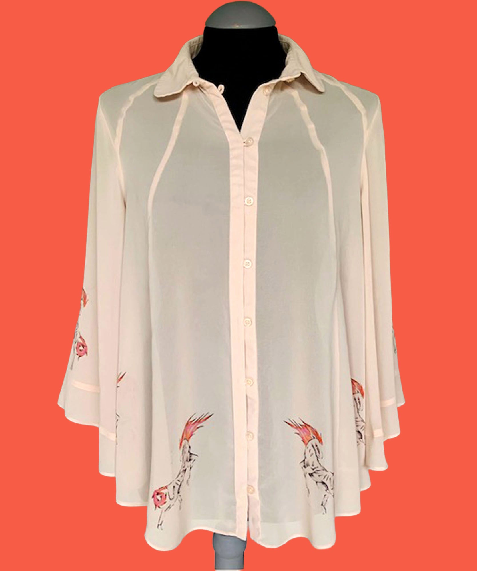 Reworked Fire Horse Chiffon Art Blouse. One-of-a-Kind Upcycled Preloved Top