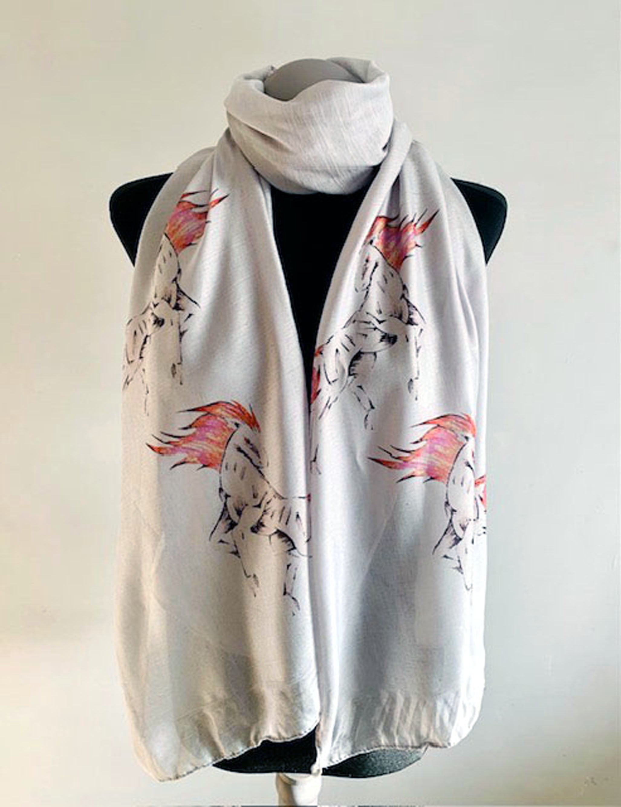 Wearable art scarf with 2026 zodiac year of the fire horse print