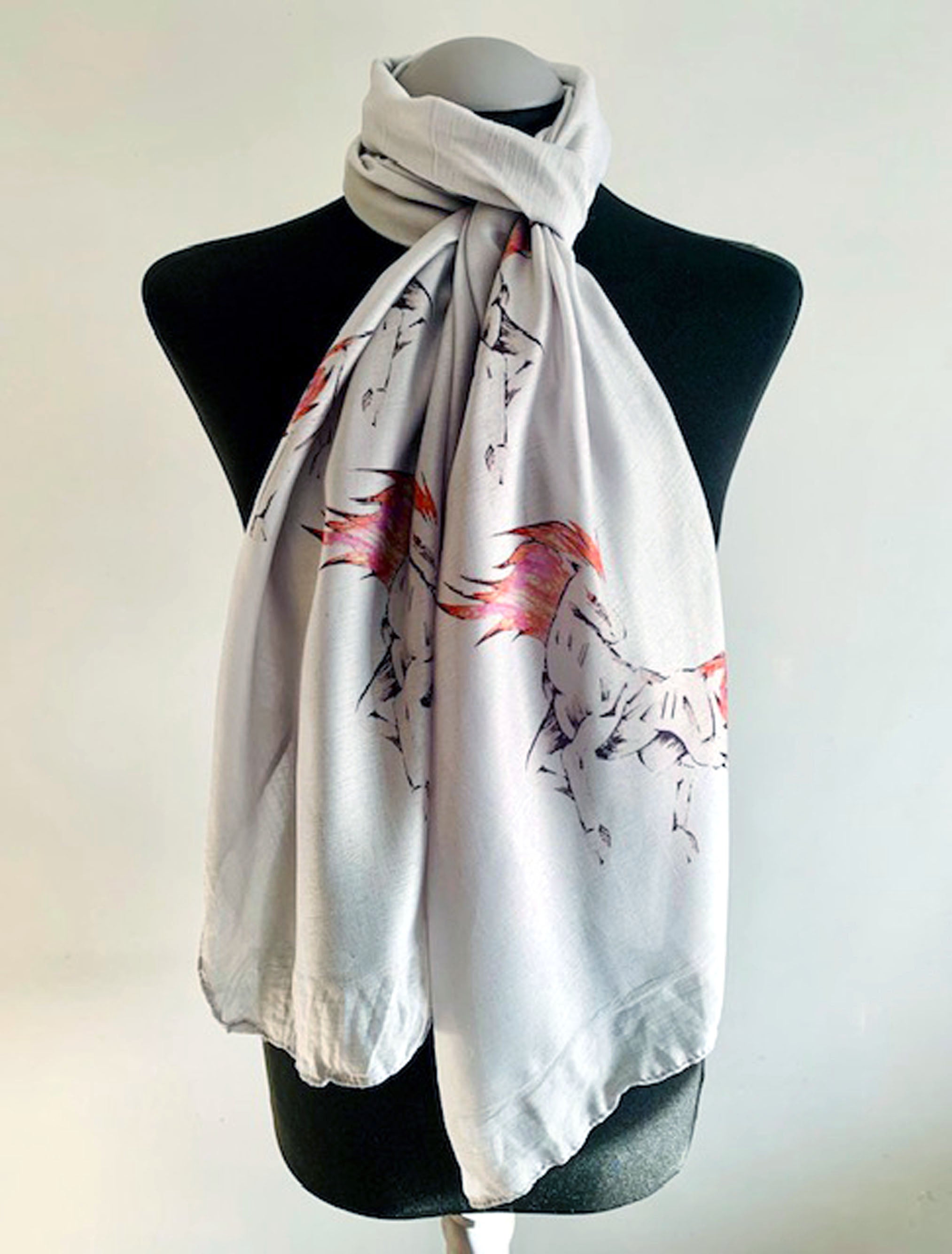 Fire Horse Scarf – Colorful 2026 Zodiac Print on Grey Lightweight Scarf