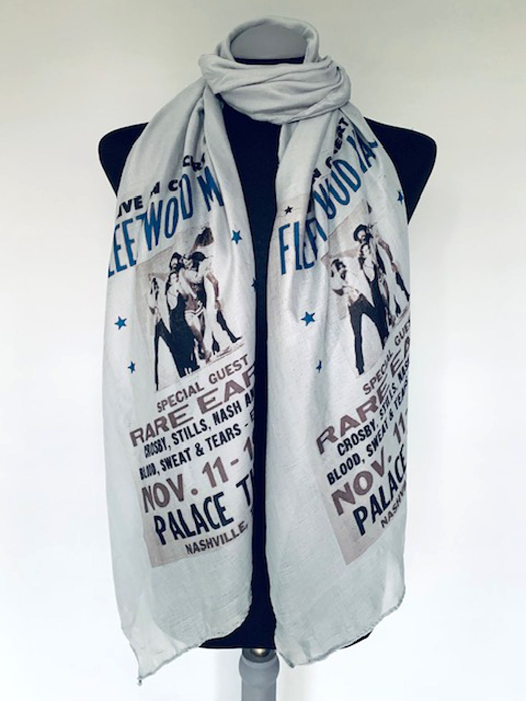 Wearable art scarf with vintage 70s fleetwood mac poster print