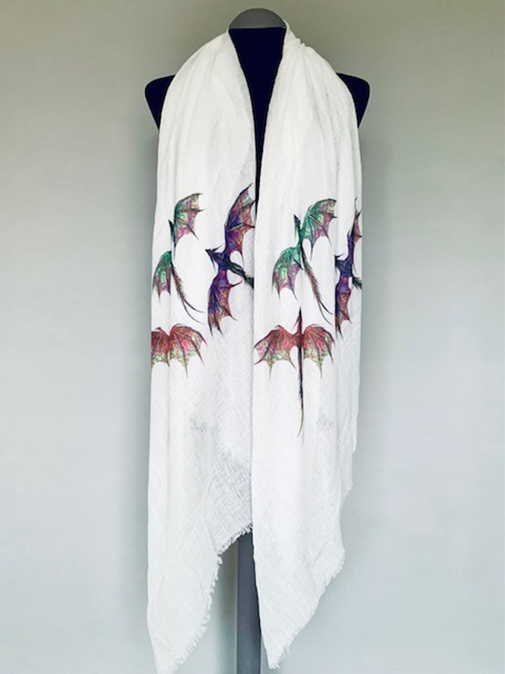 Dragon Scarf – Colorful Mythical Dragons Print on White Wrap Scarf