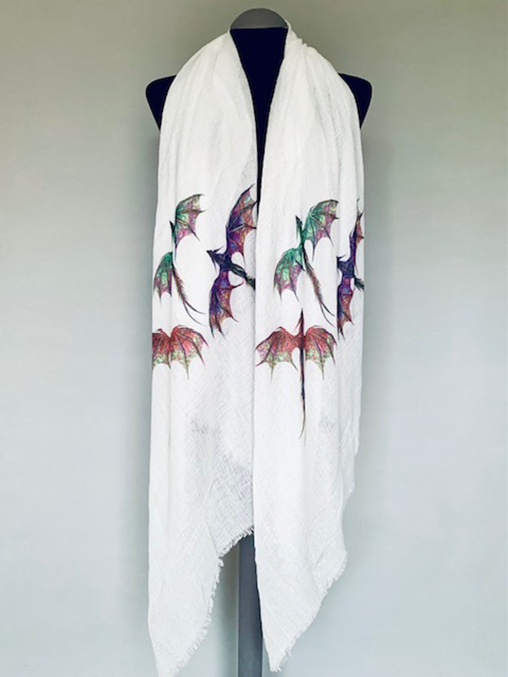 Dragon Scarf – Colorful Mythical Dragons Print on White Wrap Scarf