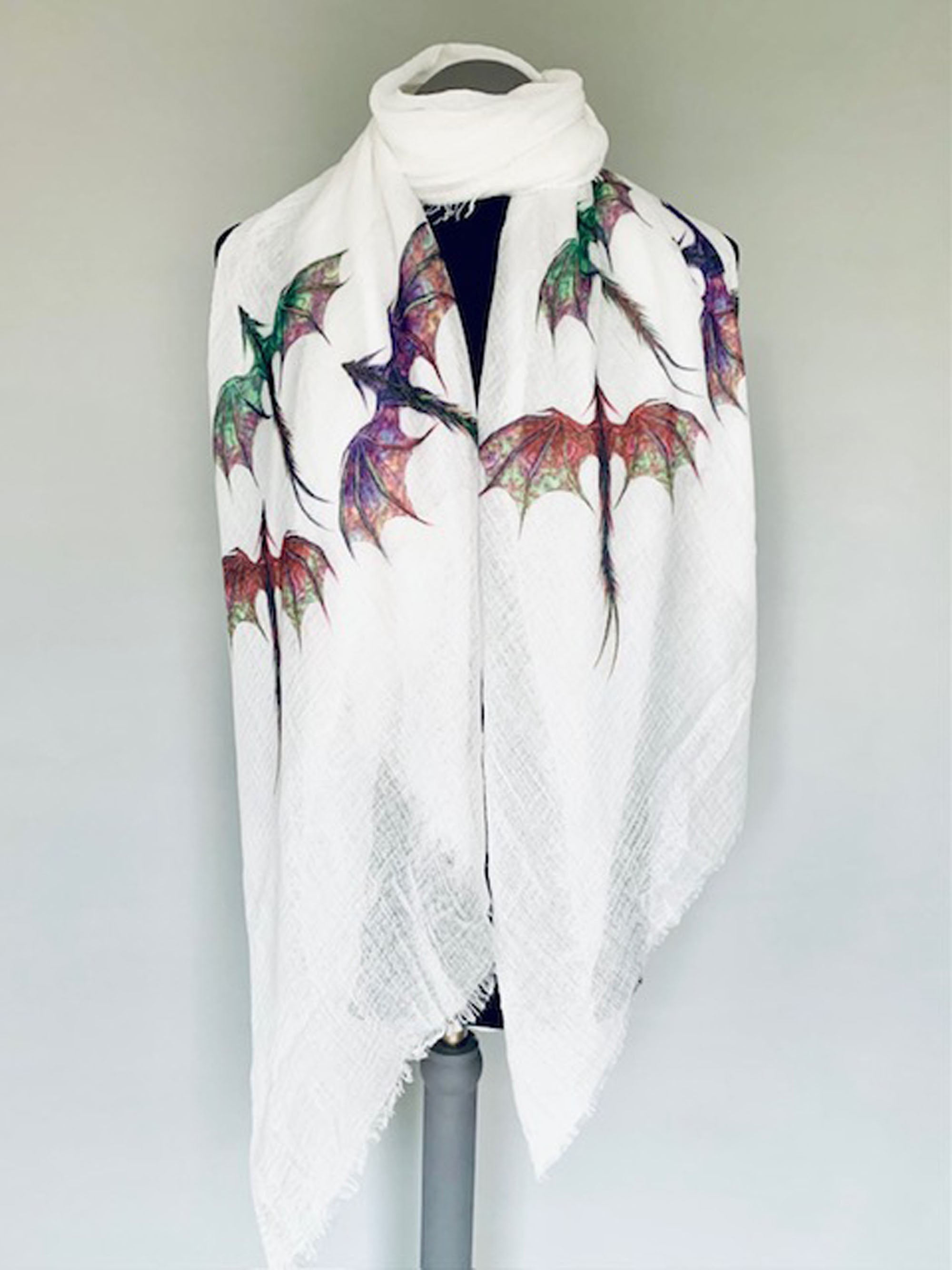 Dragon Scarf – Colorful Mythical Dragons Print on White Wrap Scarf