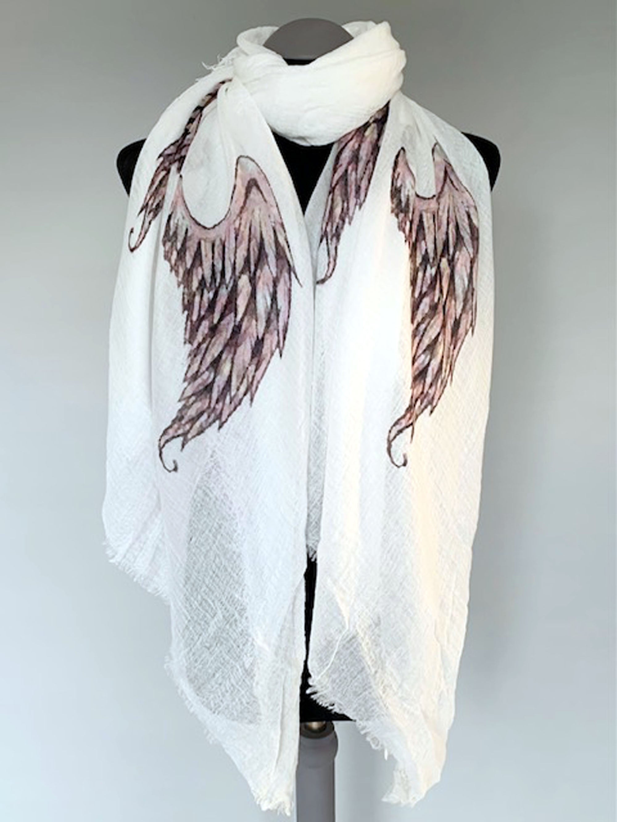 Angel Wings Scarf – Spiritual Symbolic Print on White Wrap Scarf