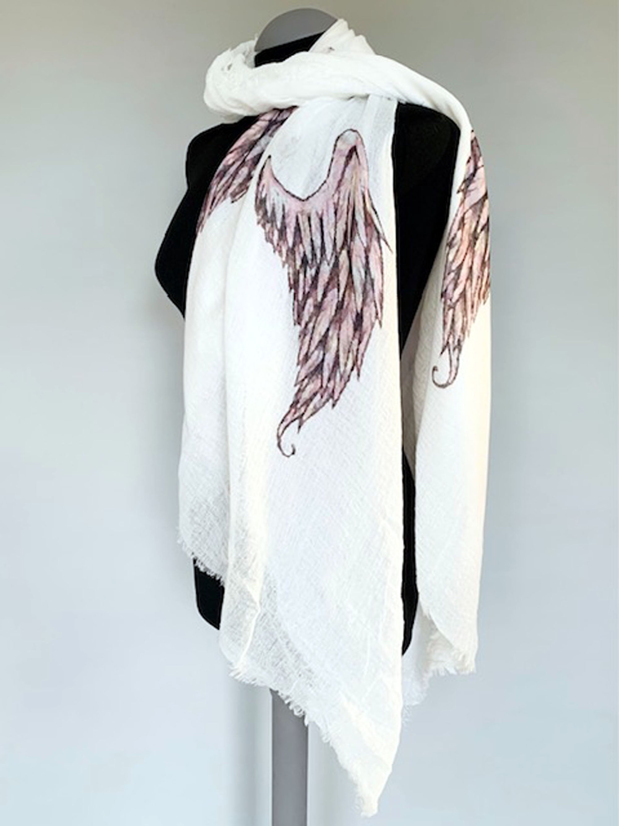 Wearable art scarf with angel wings print