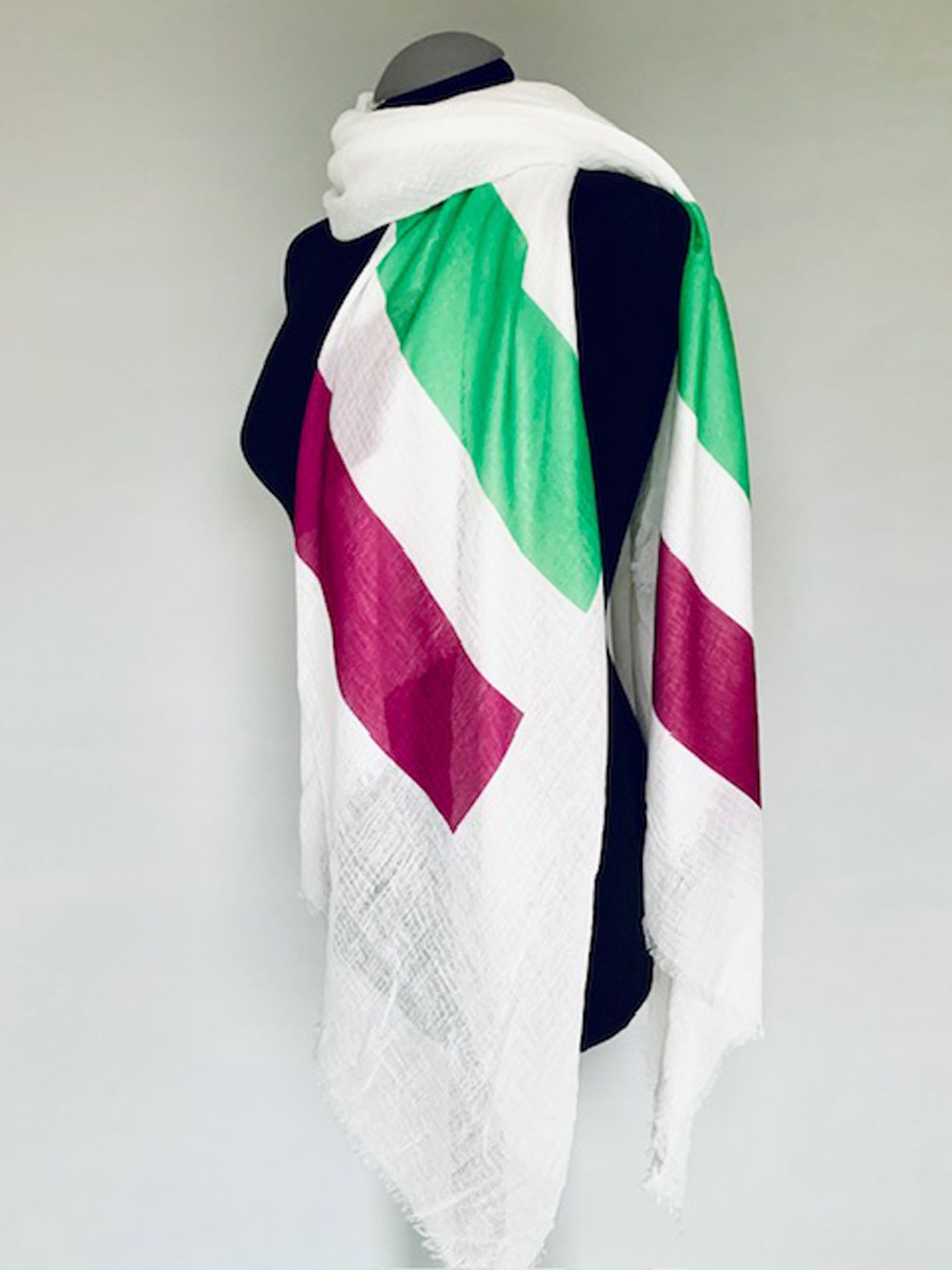 Wearable art scarf wrap with suffragette flag print