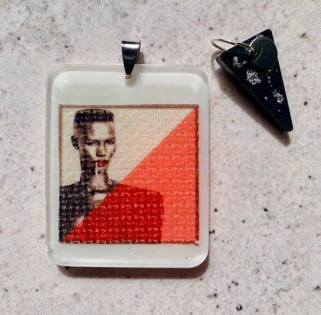 Grace Jones Inspired Resin Pendant Necklace. Mixed Media Art Jewellery. Stainless Steel Chain. Black Drop Pendant. Alternative Music Gift.