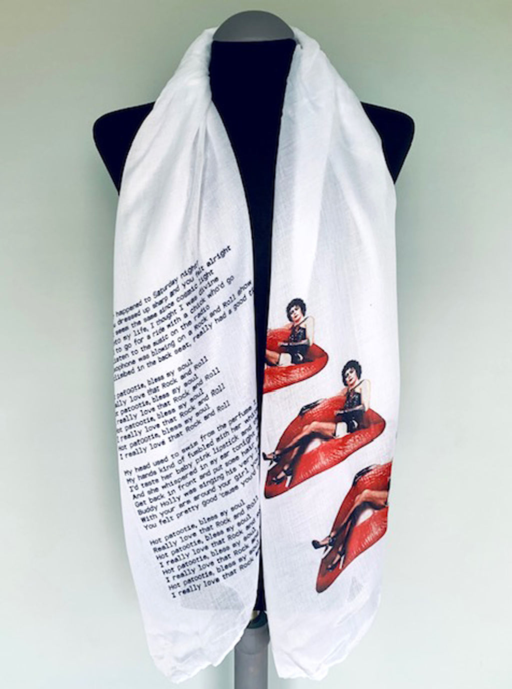 Rocky Horror Picture Show Inspired Scarf – Iconic Hot Patootie Print on White Lightweight Scarf