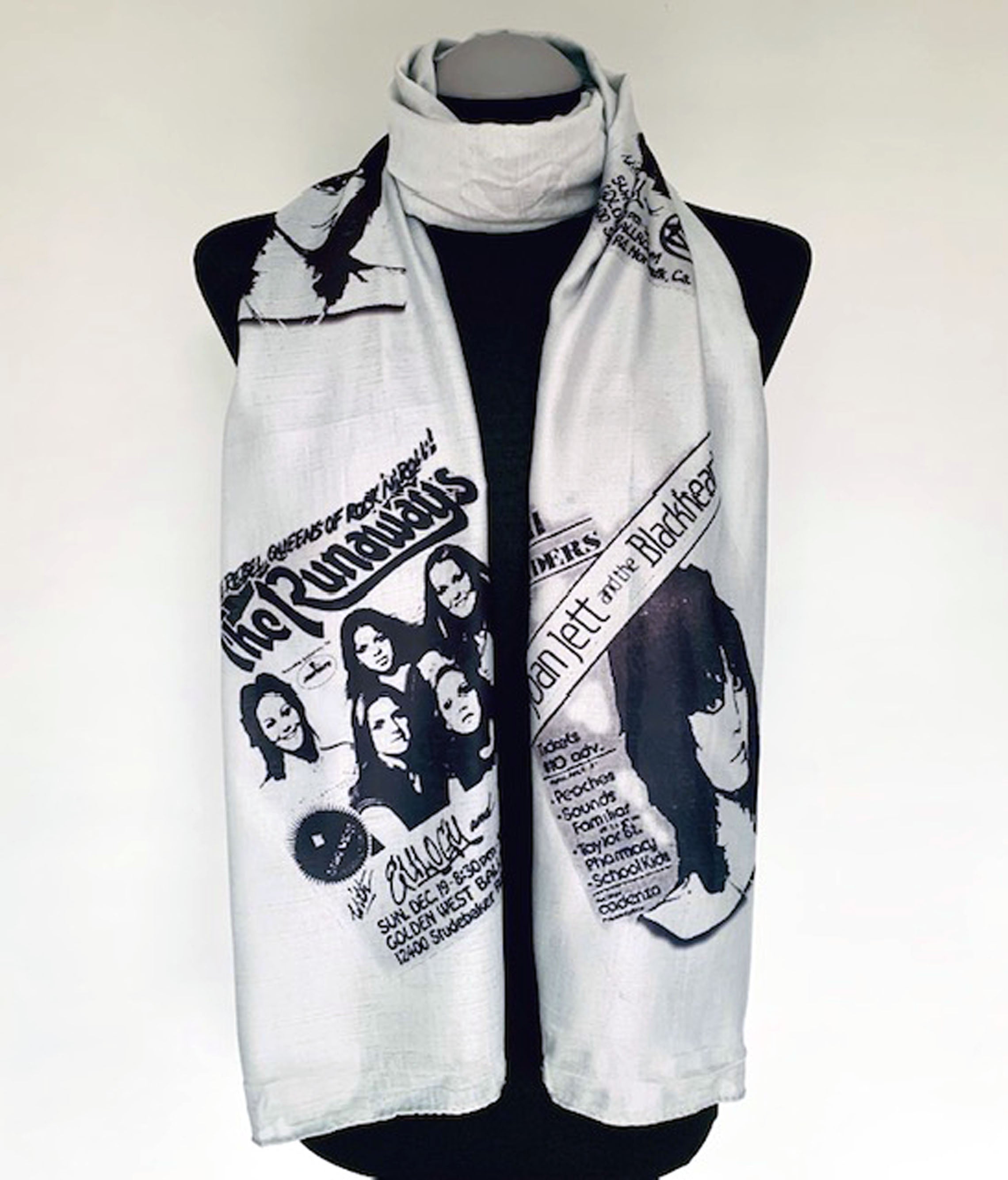 Wearable art scarf with vintage 70s rock n roll joan jett poster print