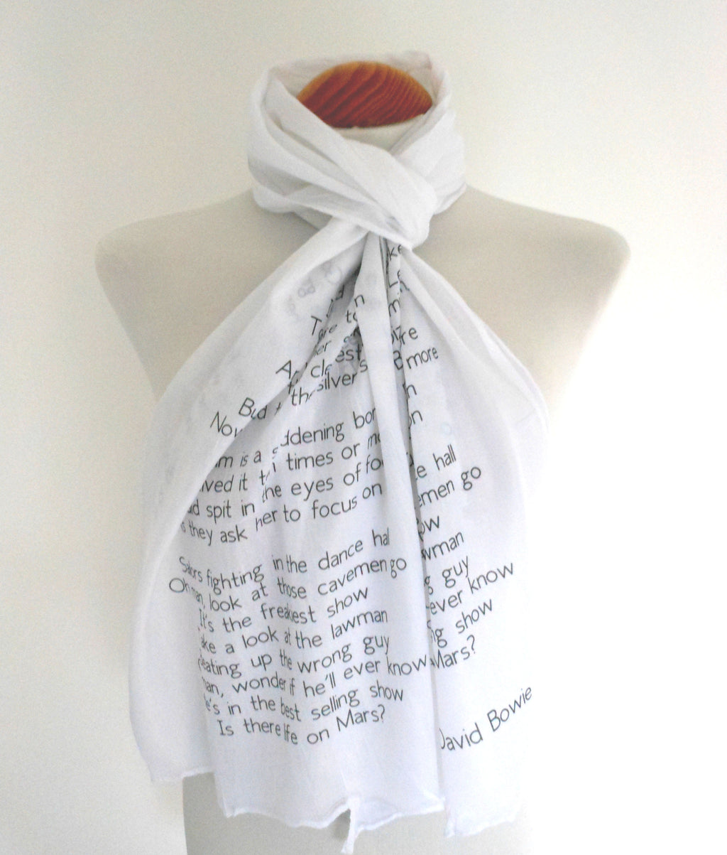 David Bowie Inspired Scarf. Long Scarf with Life On Mars Lyrics Print - Other Colours Available)