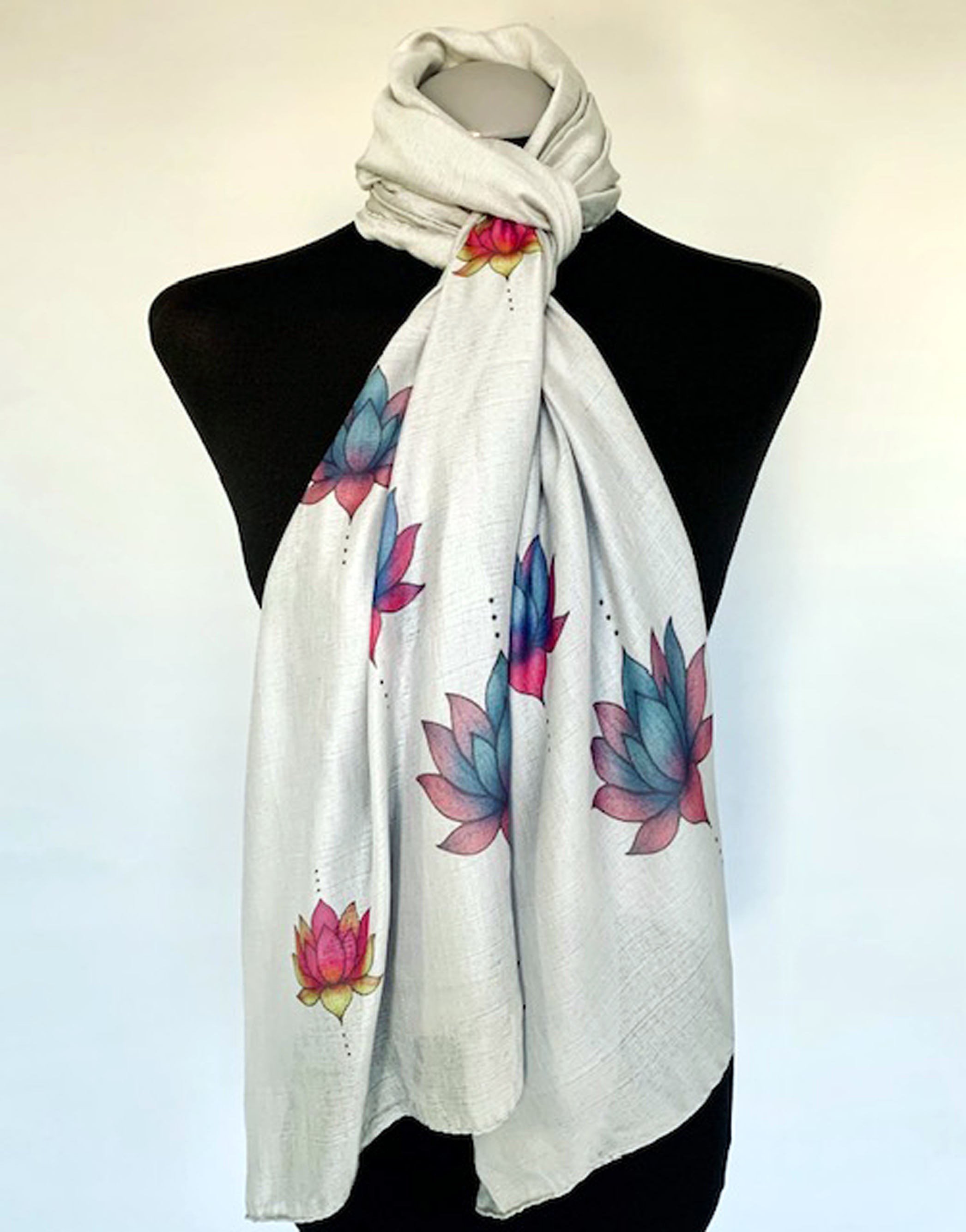 Lotus Flower Scarf –  Spiritual Enlightenment Lotus Flower Print on Grey Lightweight Scarf .
