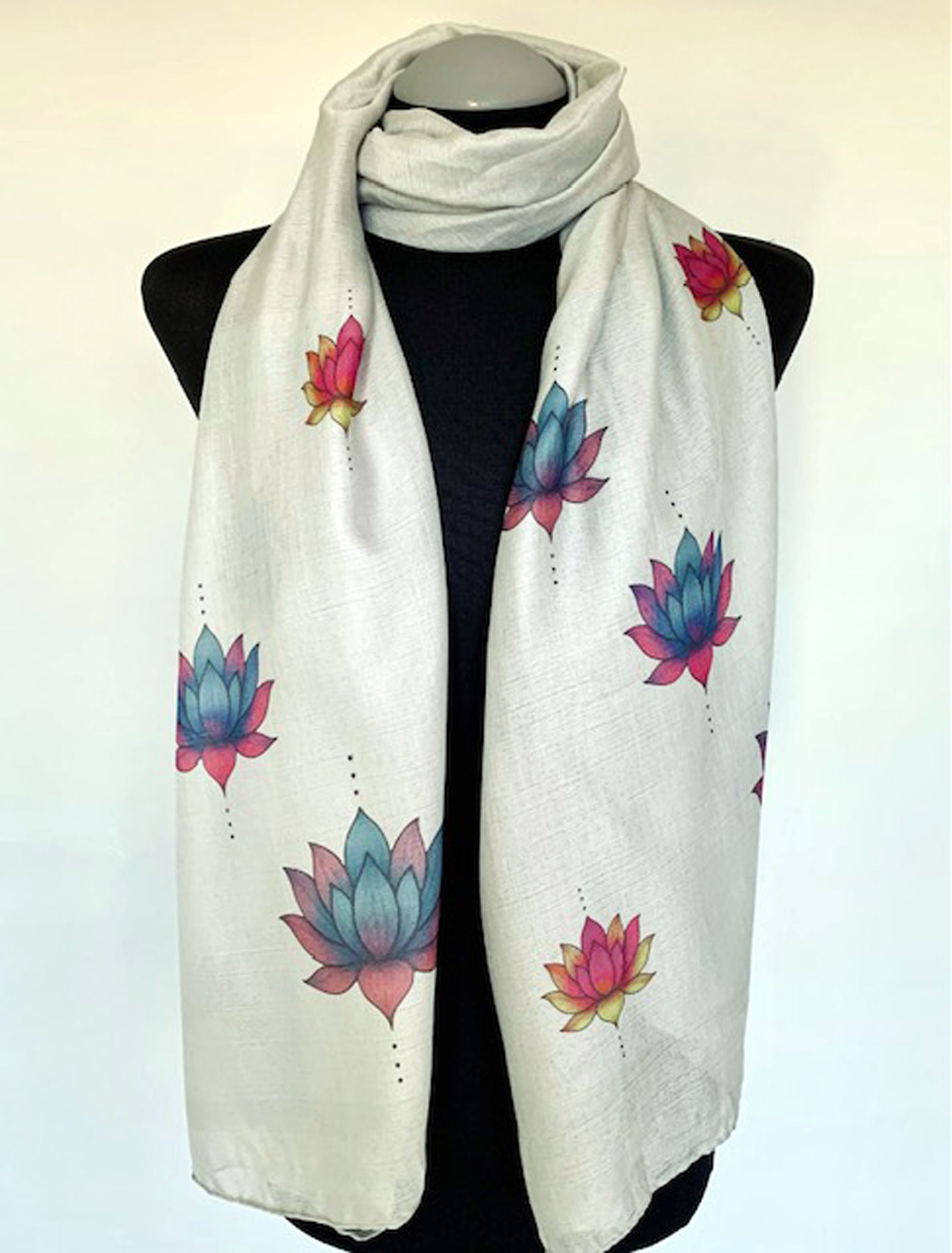 Lotus Flower Scarf –  Spiritual Enlightenment Lotus Flower Print on Grey Lightweight Scarf .