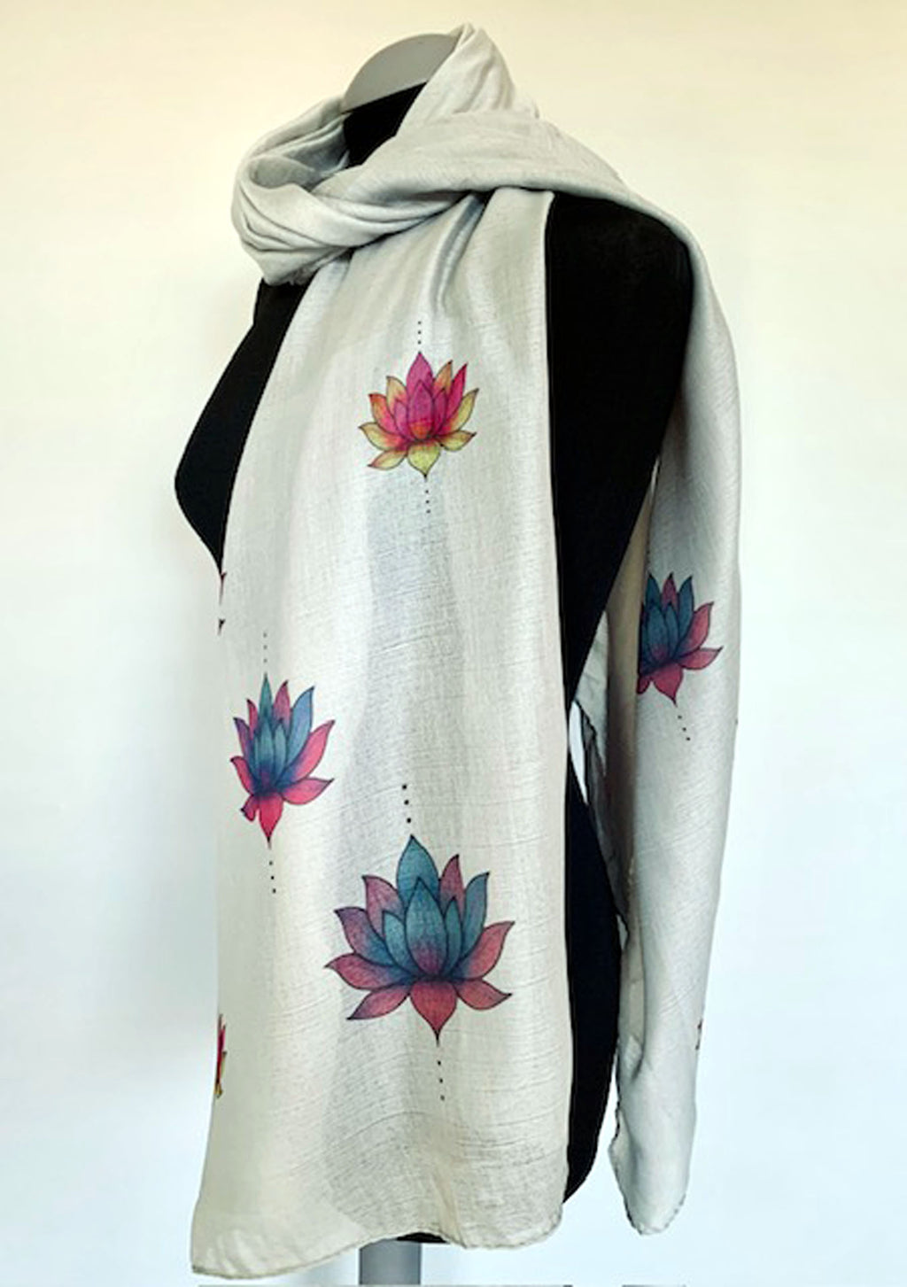 Soft wearable long grey scarf with spiritual lotus flower print