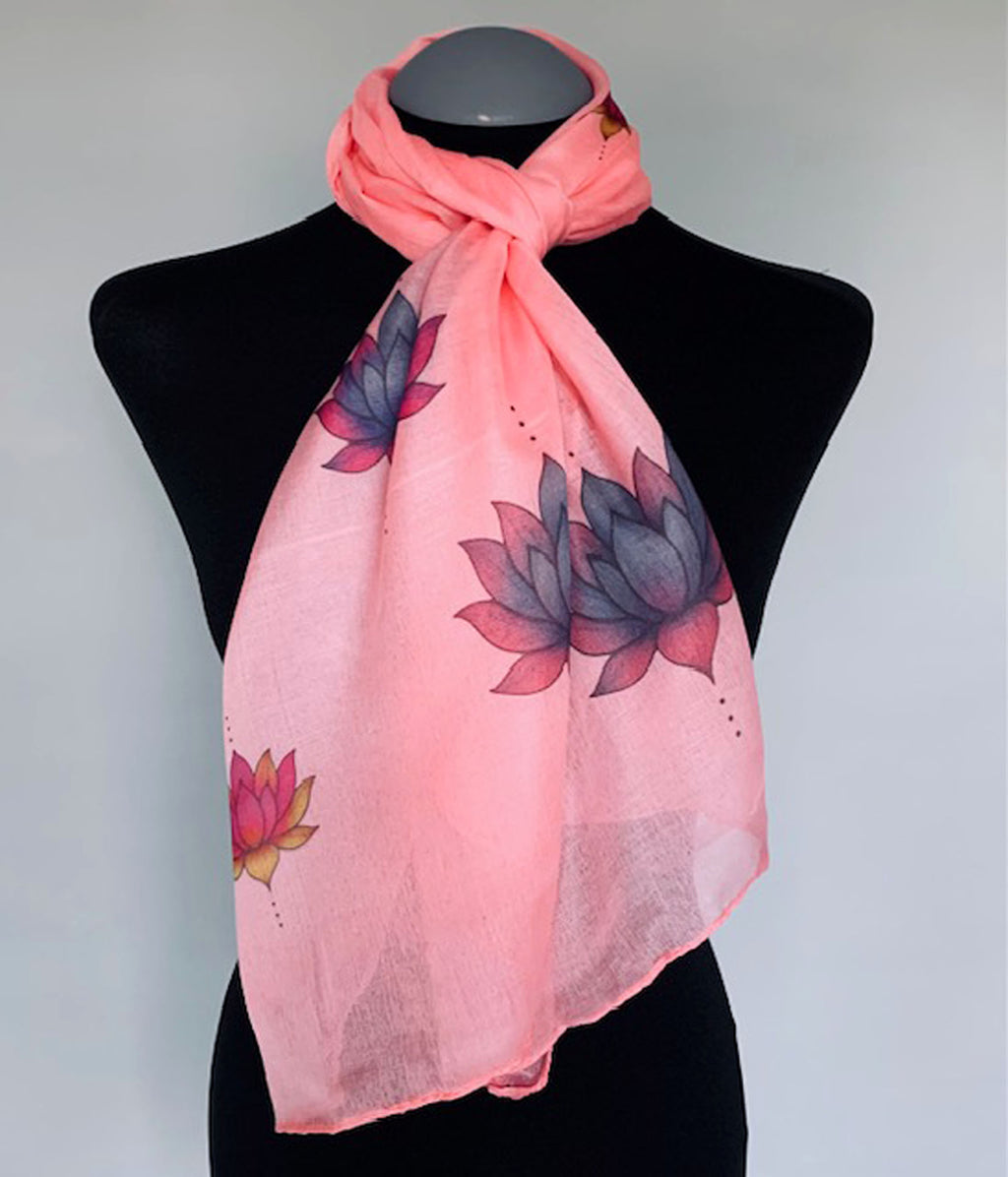 Soft wearable long pink scarf with spiritual lotus flower print
