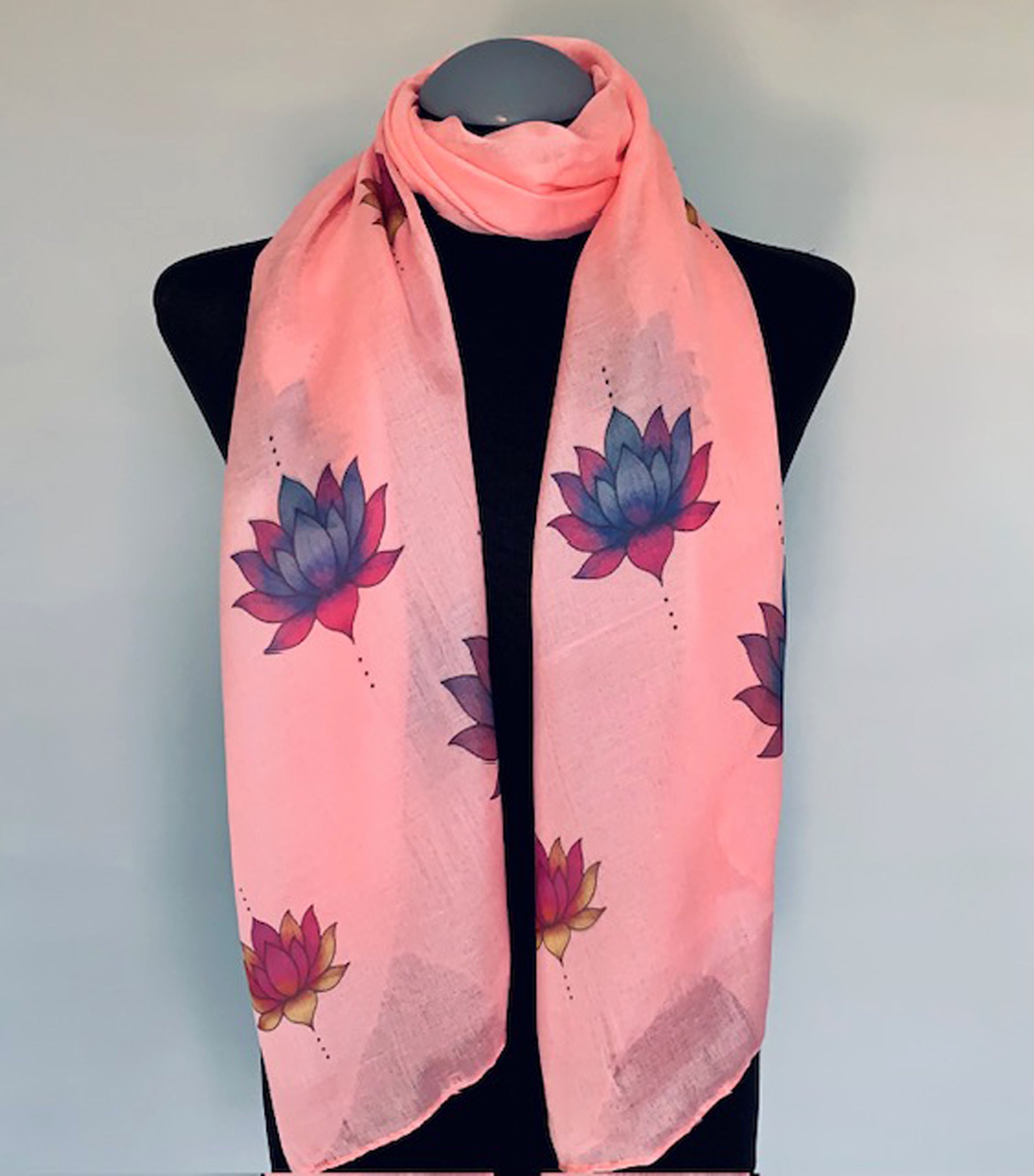 Lotus Flower Scarf –  Spiritual Enlightenment Lotus Flower Print on Pink Lightweight Scarf .