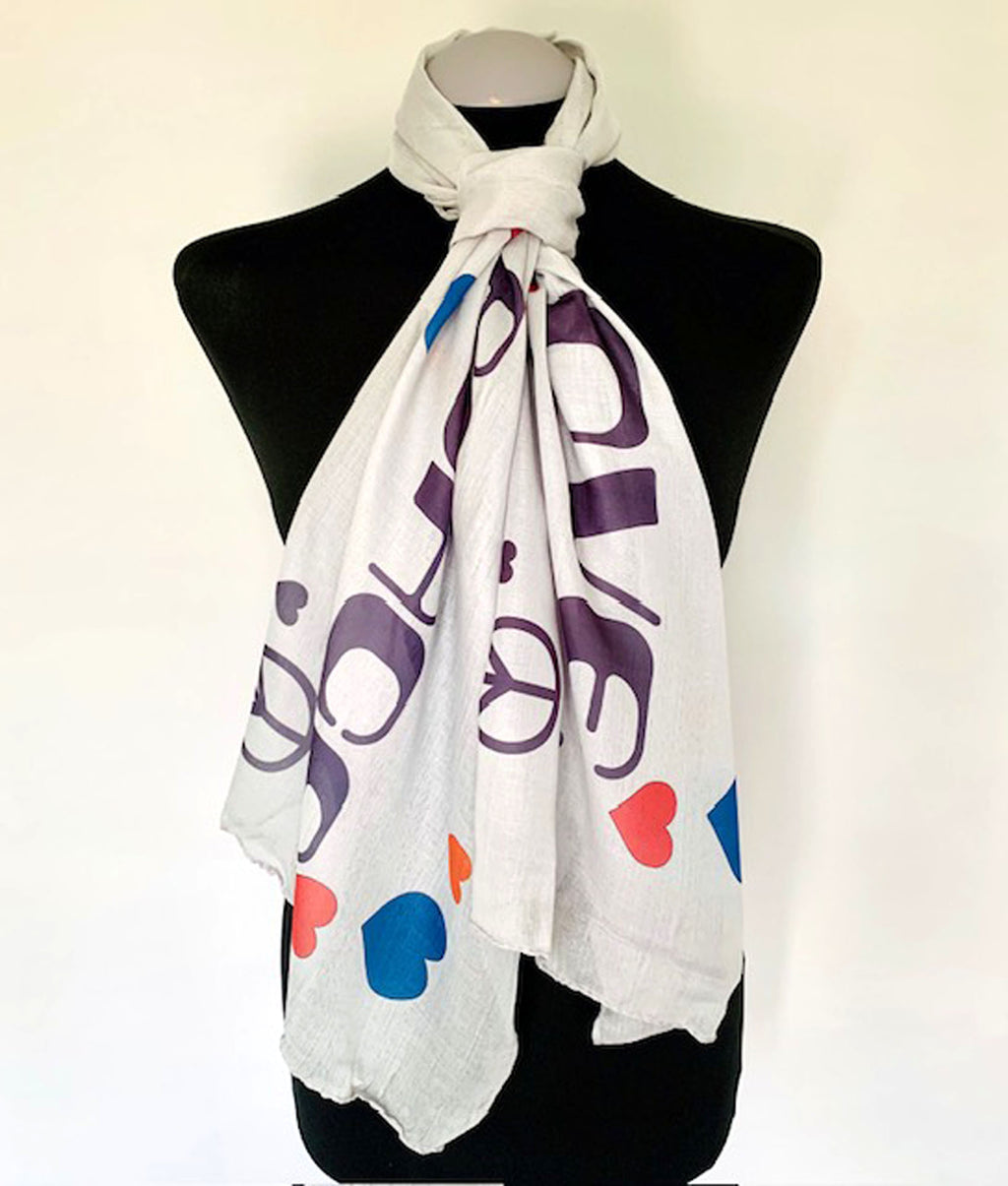 Love N Peace Scarf – Vintage Style Love N Peace Print on Lightweight Grey Scarf