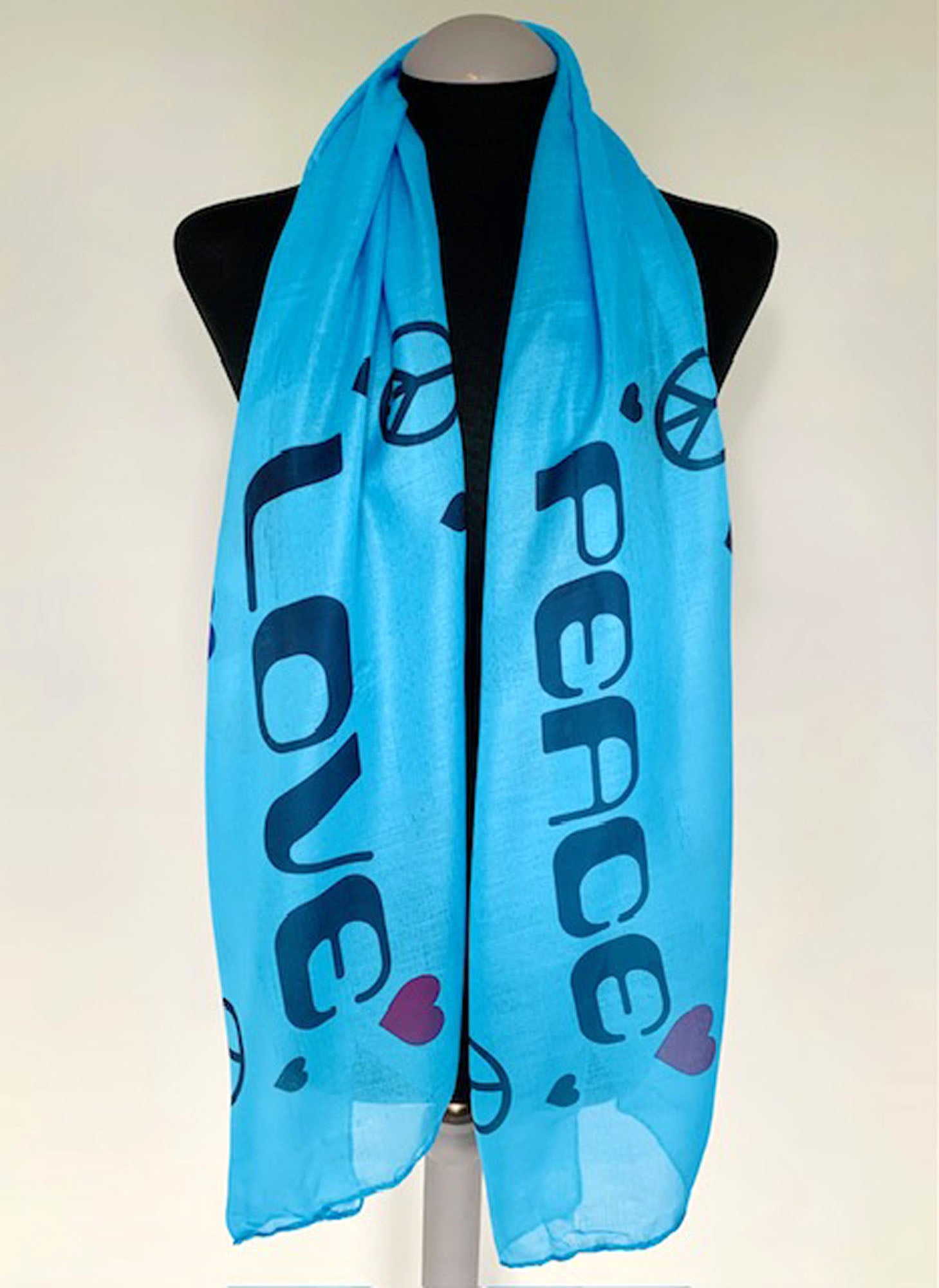 long blue scarf with love and peace boho design
